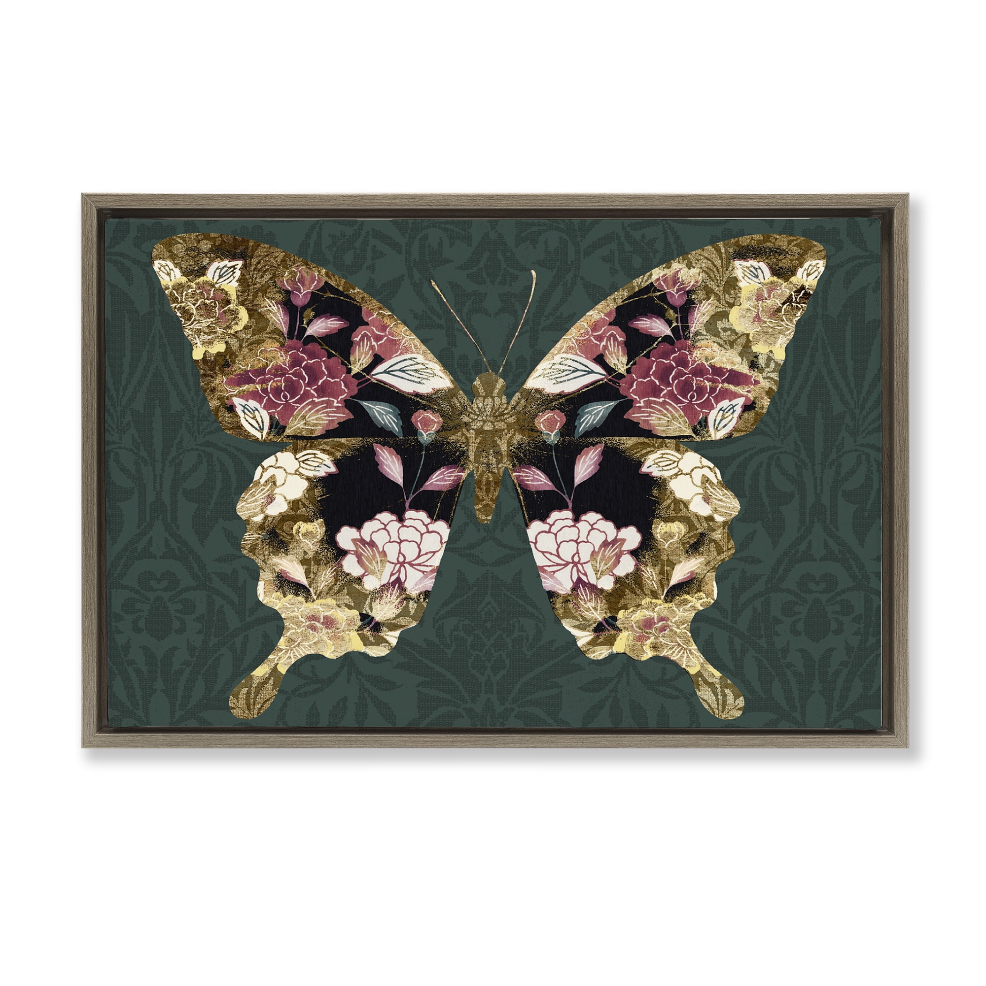 Stupell Industries Rococo Butterfly Pattern Animals Painting Brown Floater Framed Canvas Art Print Wall Art, 25 x 17