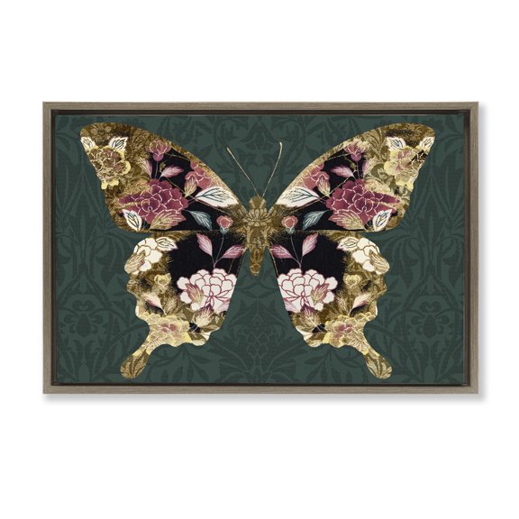 Stupell Industries Rococo Butterfly Pattern Animals Painting Brown Floater Framed Canvas Art Print Wall Art, 31 x 21