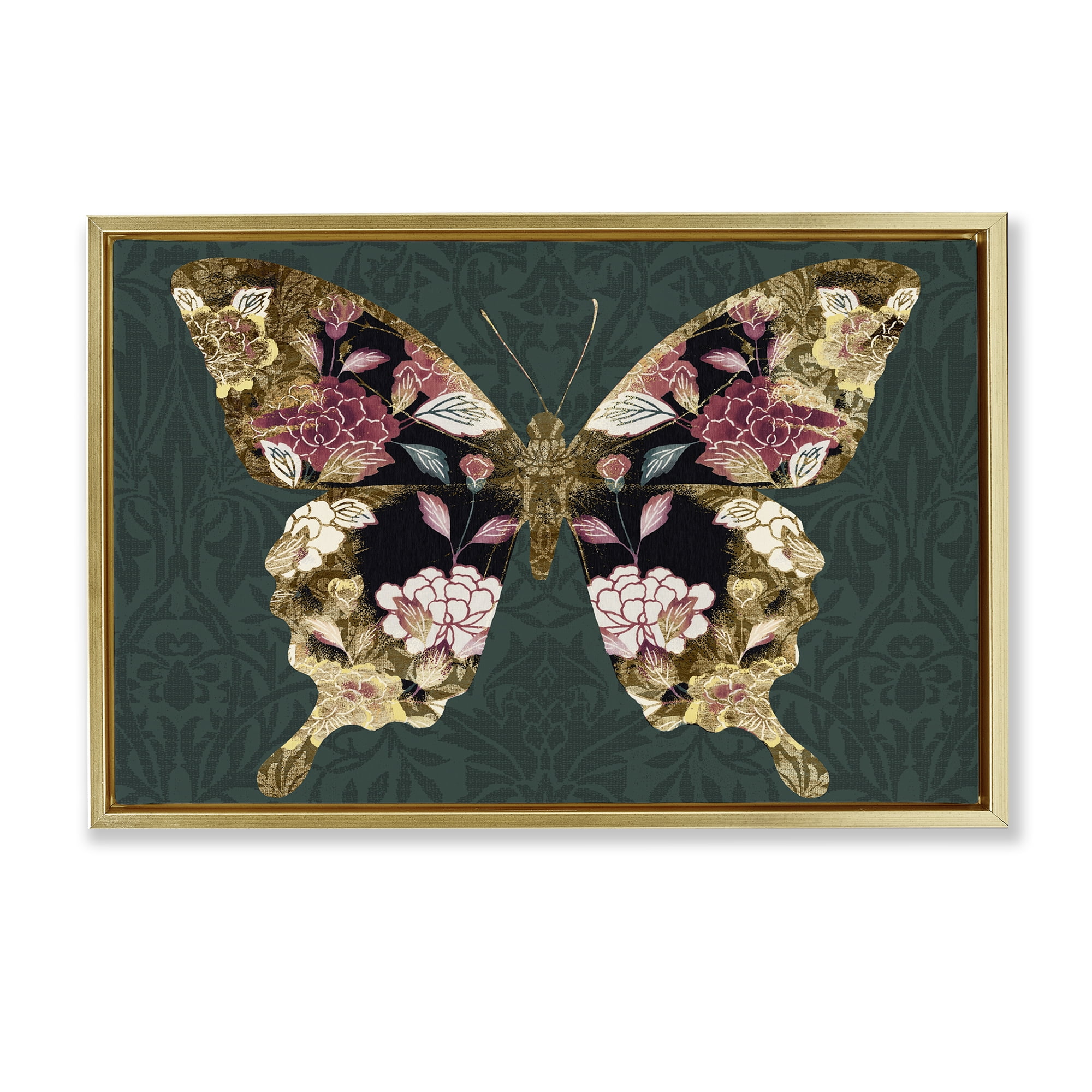 Stupell Industries Rococo Butterfly Pattern Animals Painting Gold Floater Framed Canvas Art Print Wall Art, 31 x 21
