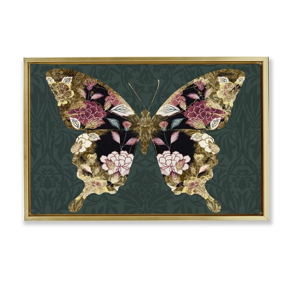 Stupell Industries Rococo Butterfly Pattern Animals Painting Gold Floater Framed Canvas Art Print Wall Art, 31 x 21