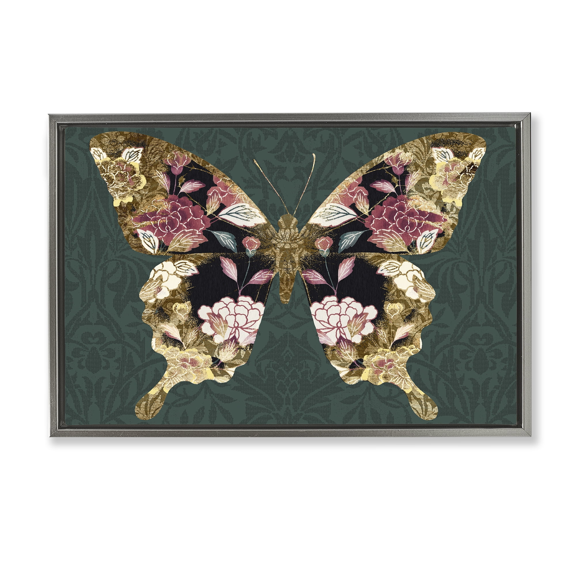 Stupell Industries Rococo Butterfly Pattern Animals Painting Gray Floater Framed Canvas Art Print Wall Art, 25 x 17