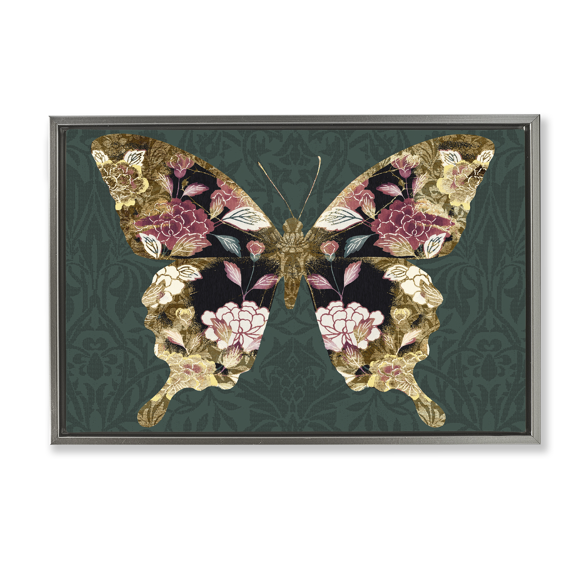 Stupell Industries Rococo Butterfly Pattern Animals Painting Gray Floater Framed Canvas Art Print Wall Art, 31 x 21