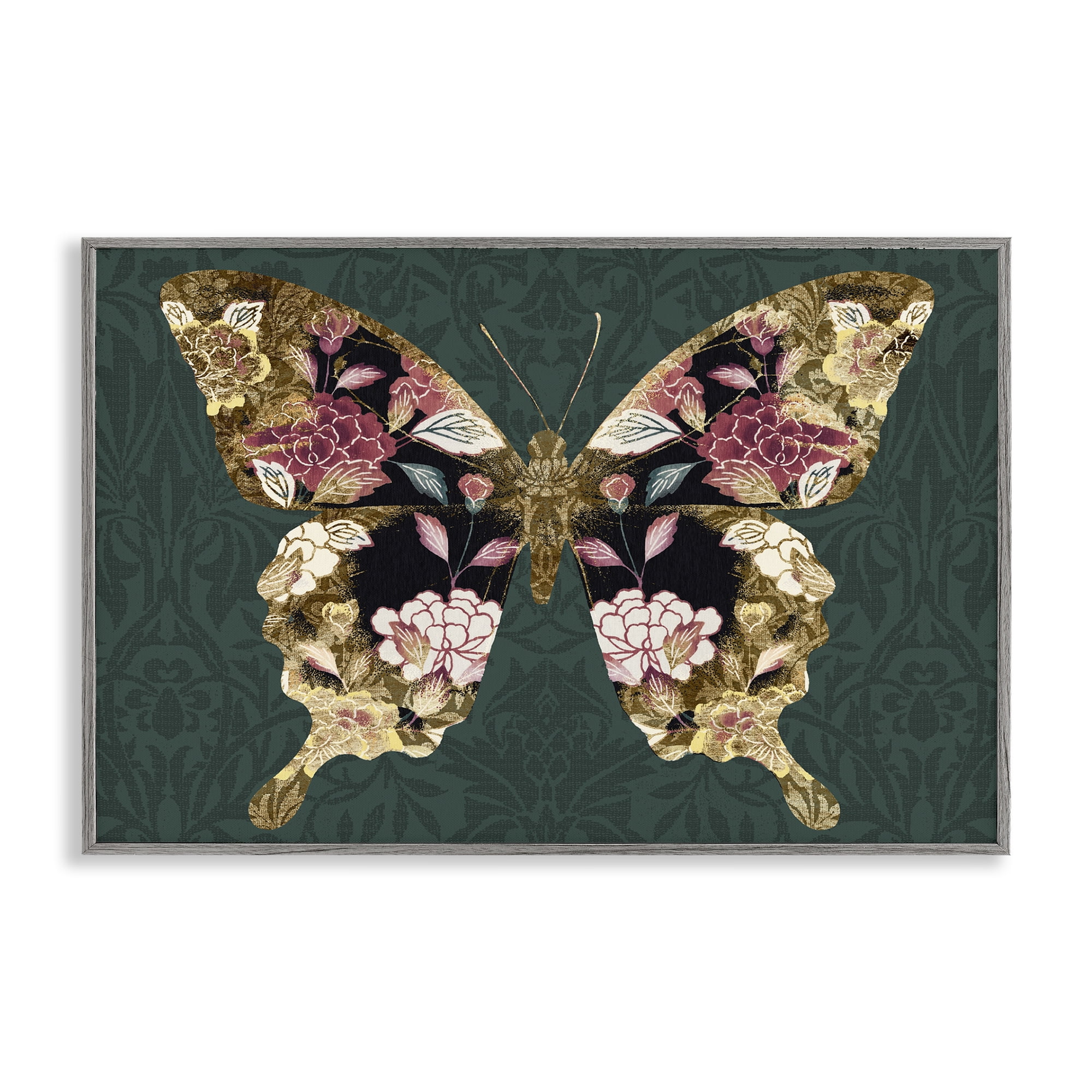 Stupell Industries Rococo Butterfly Pattern Animals Painting Gray Framed Art Print Wall Art, 18 x 12