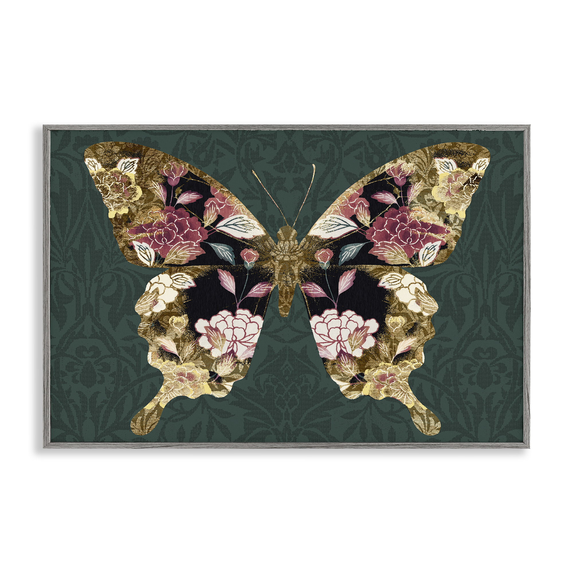 Stupell Industries Rococo Butterfly Pattern Animals Painting Gray Framed Art Print Wall Art, 24 x 16
