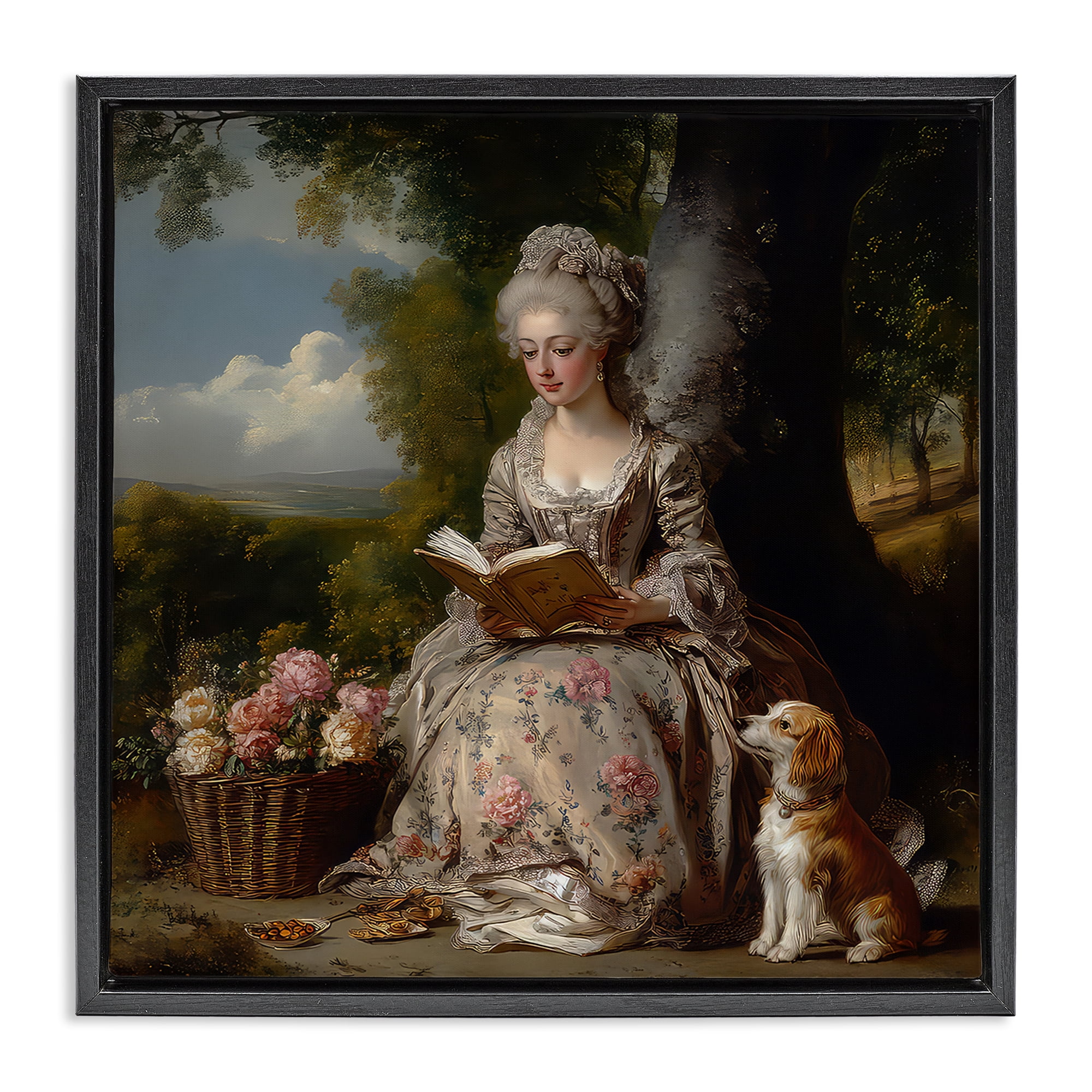 Stupell Industries Rococo Lady with Dog Black Framed Floater Canvas Wall Art, design by The Wands Want