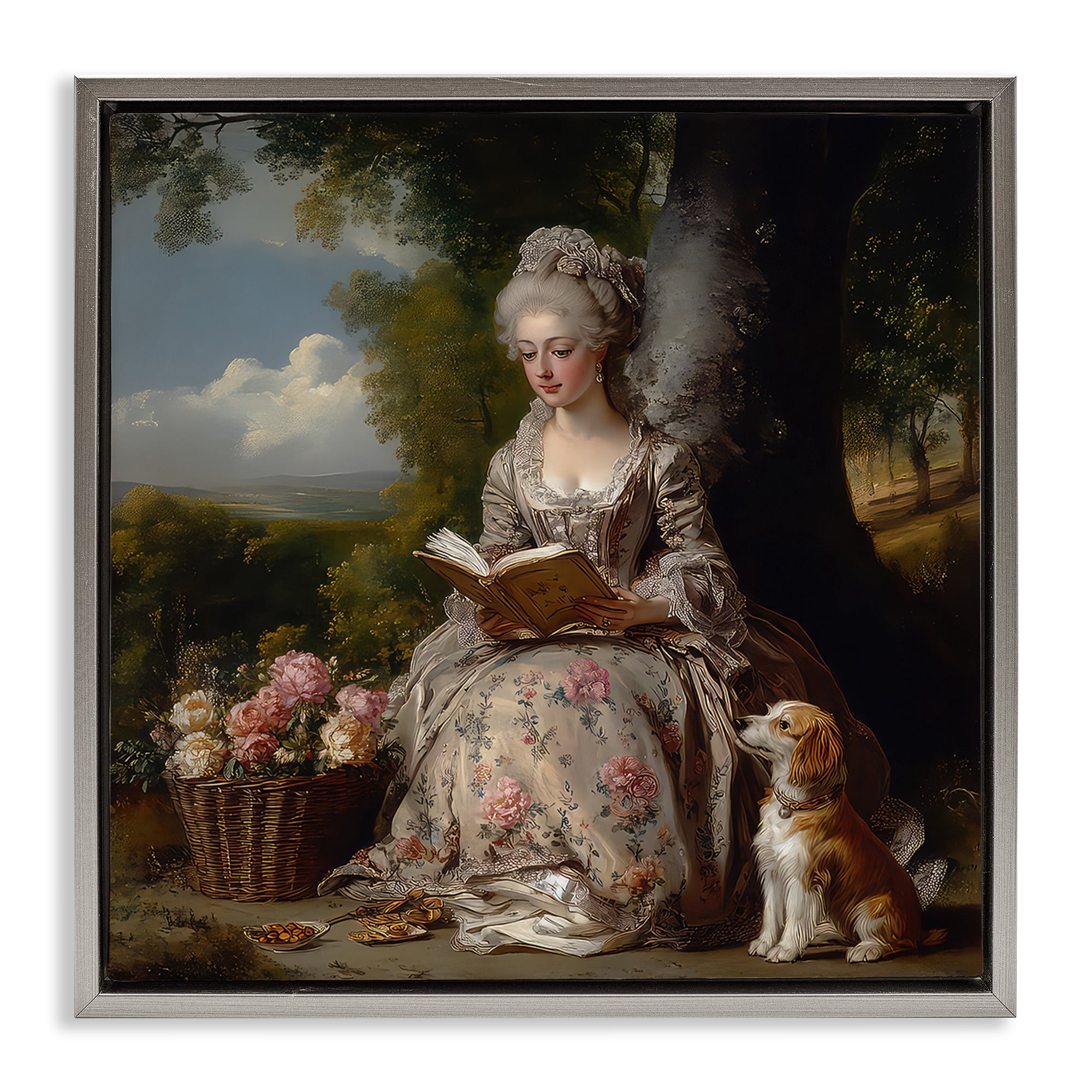 Stupell Industries Rococo Lady with Dog Gray Framed Floater Canvas Wall Art, design by The Wands Want