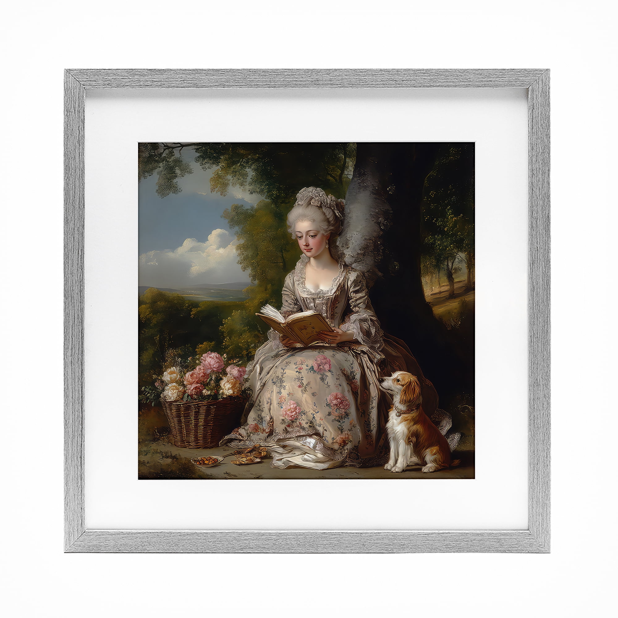 Stupell Industries Rococo Lady with Dog Gray Framed Print Under Glass, design by The Wands Want