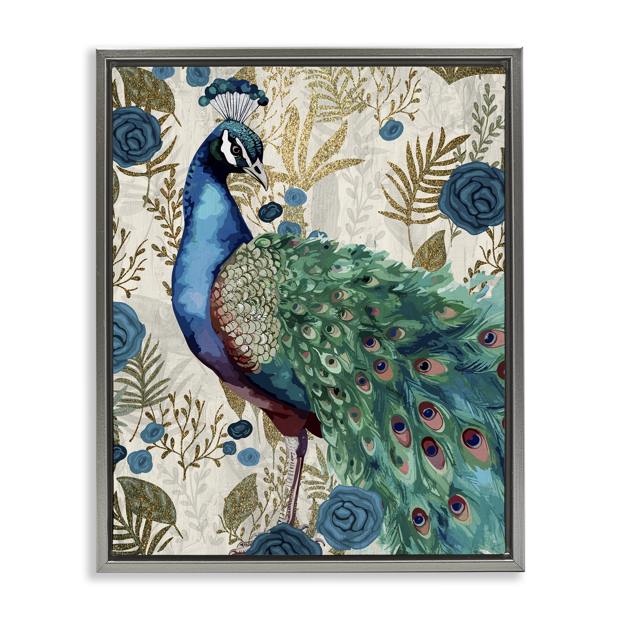 Stupell Industries Rococo Peacock Pride Gray Framed Floater Canvas Wall Art, design by Kim Allen