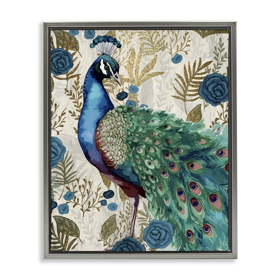 Stupell Industries Rococo Peacock Pride Gray Framed Floater Canvas Wall Art, design by Kim Allen