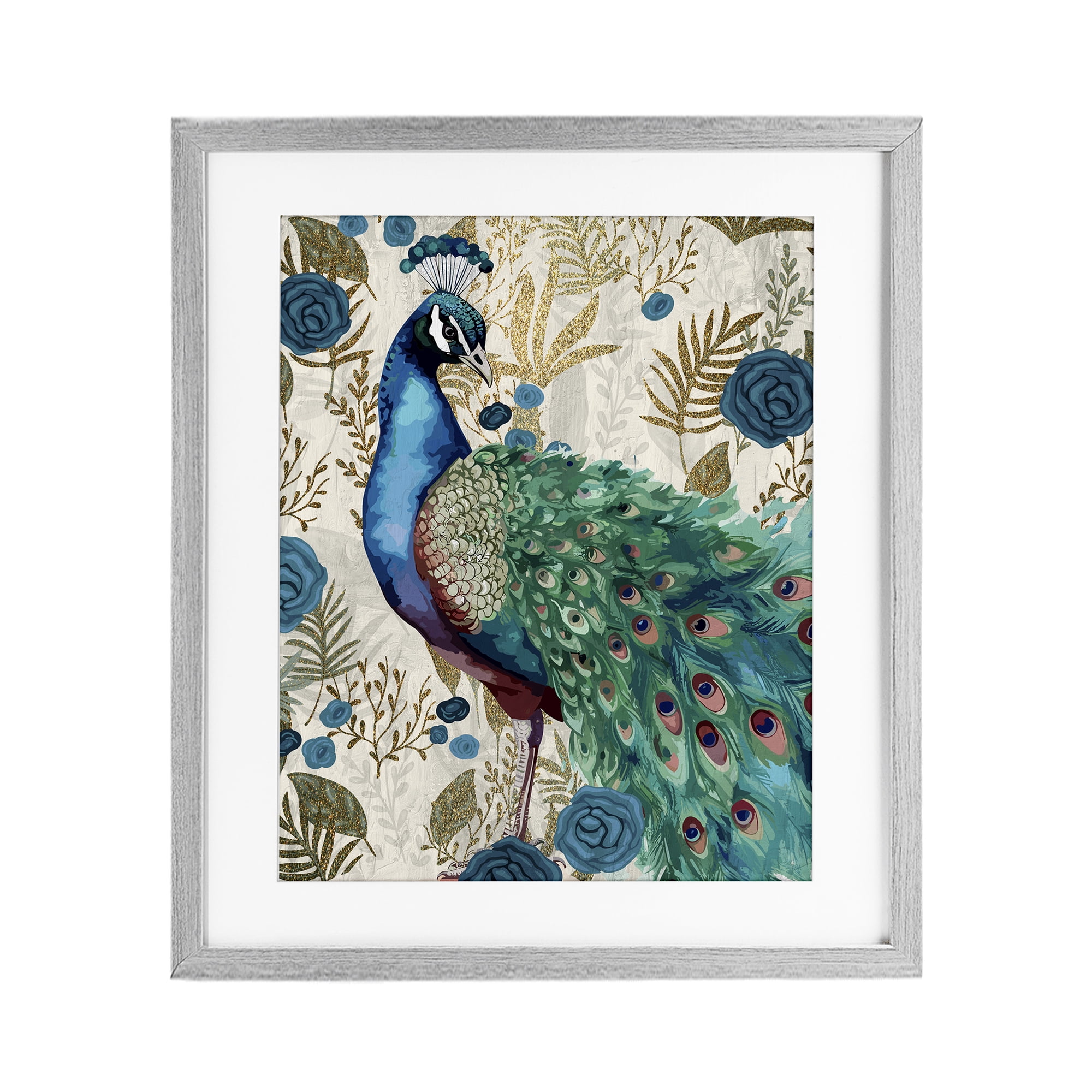 Stupell Industries Rococo Peacock Pride Gray Framed Print Under Glass, design by Kim Allen