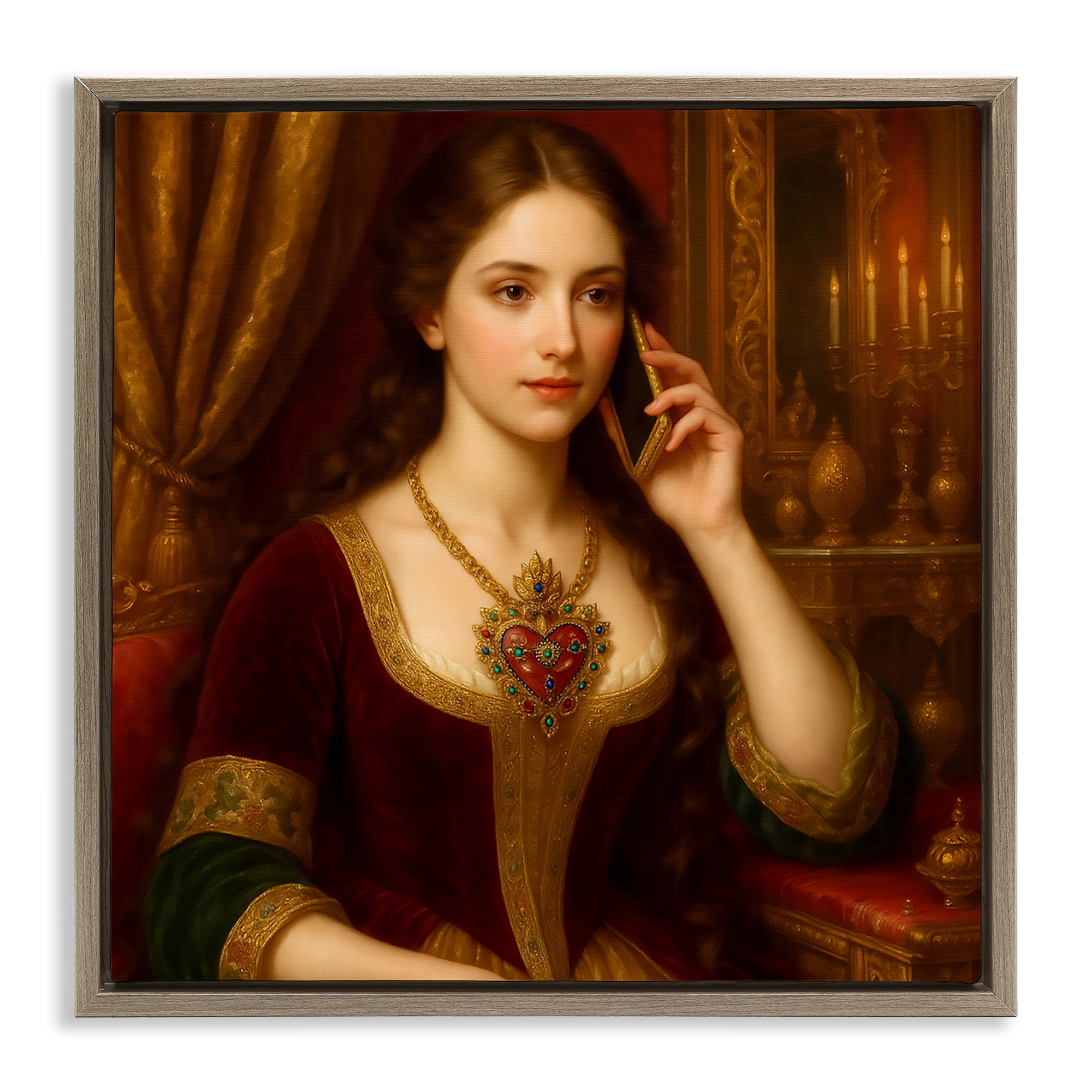 Stupell Industries Rococo Woman with Cell Phone Brown Framed Floater Canvas Wall Art, design by Grotto Studios