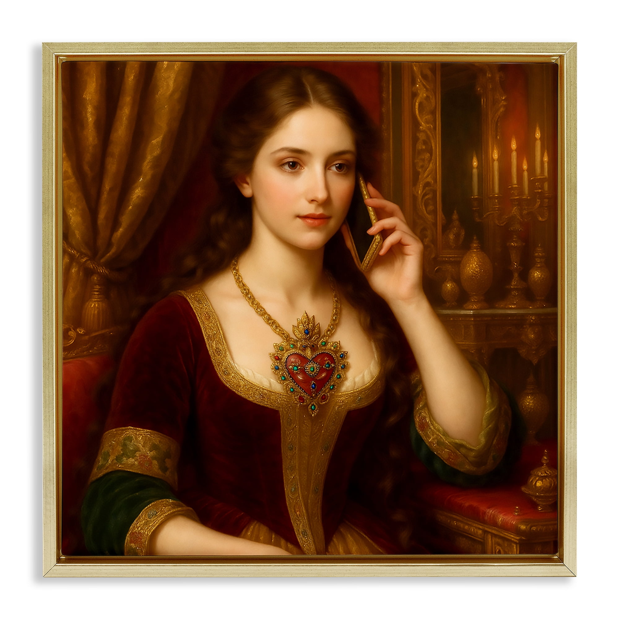 Stupell Industries Rococo Woman with Cell Phone Gold Framed Floater Canvas Wall Art, design by Grotto Studios