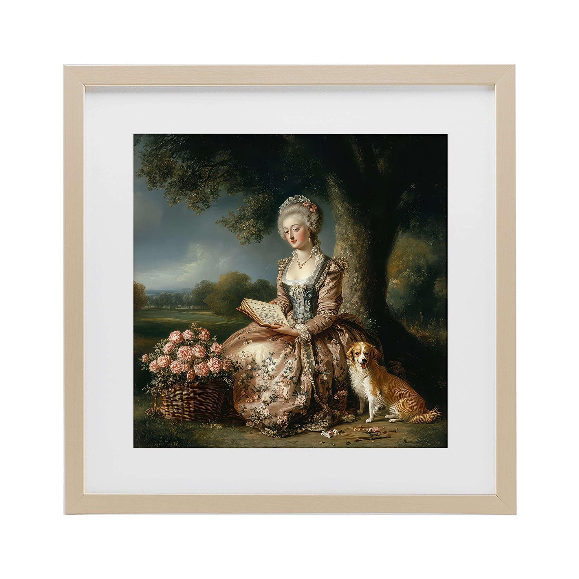 Stupell Industries Rococo Woman with Dog Birch Framed Print Under Glass, design by The Wands Want