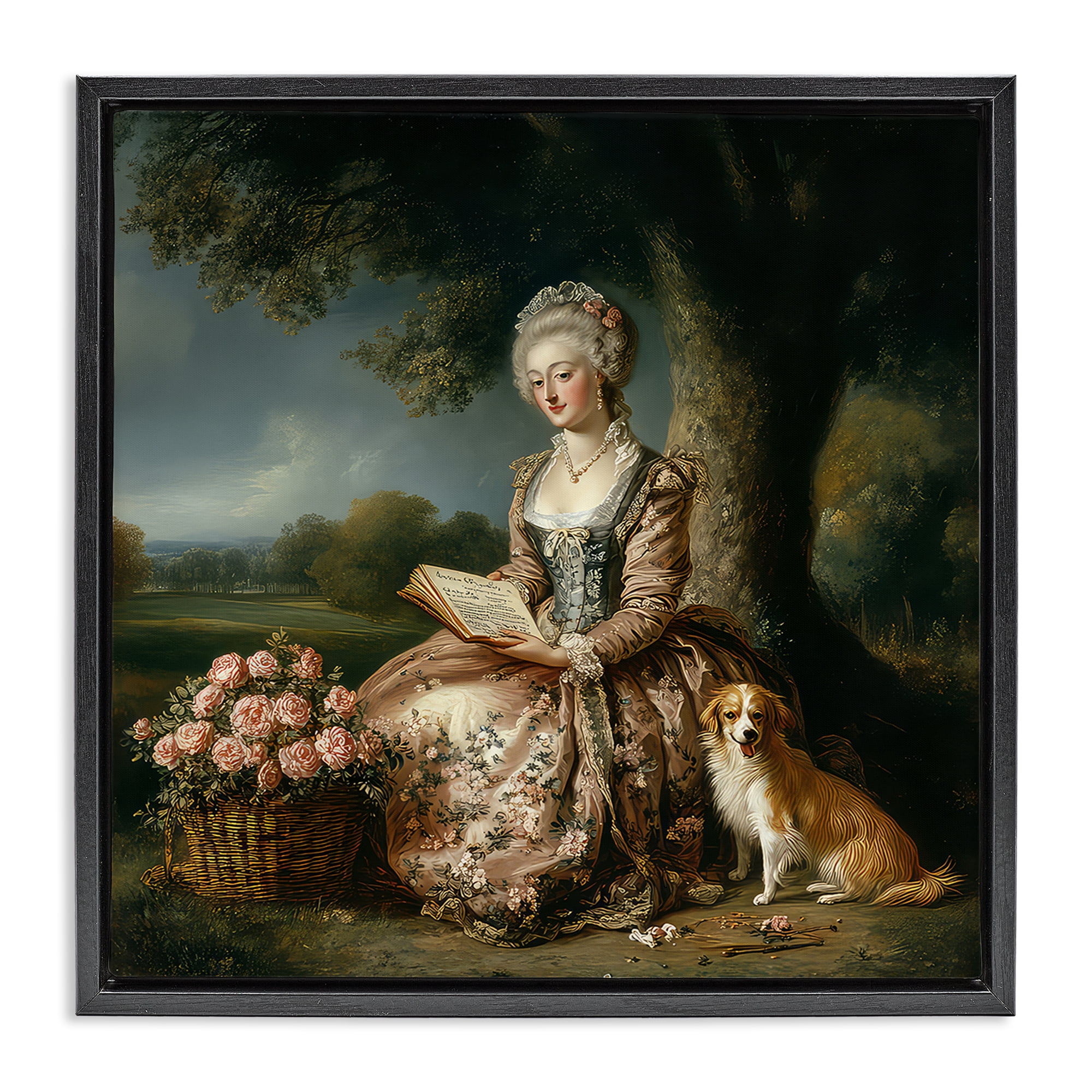 Stupell Industries Rococo Woman with Dog Black Framed Floater Canvas Wall Art, design by The Wands Want