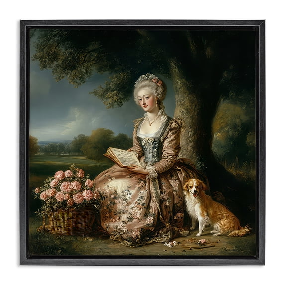 Stupell Industries Glam Rococo Woman with Dog Black Floating Frame Canvas Art, 18 x 18, by The Wands Want