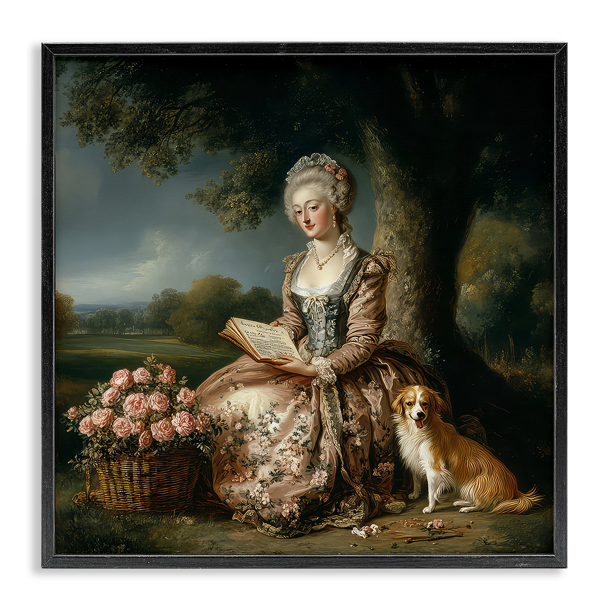 Stupell Industries Rococo Woman with Dog Black Framed Giclee Art, design by The Wands Want