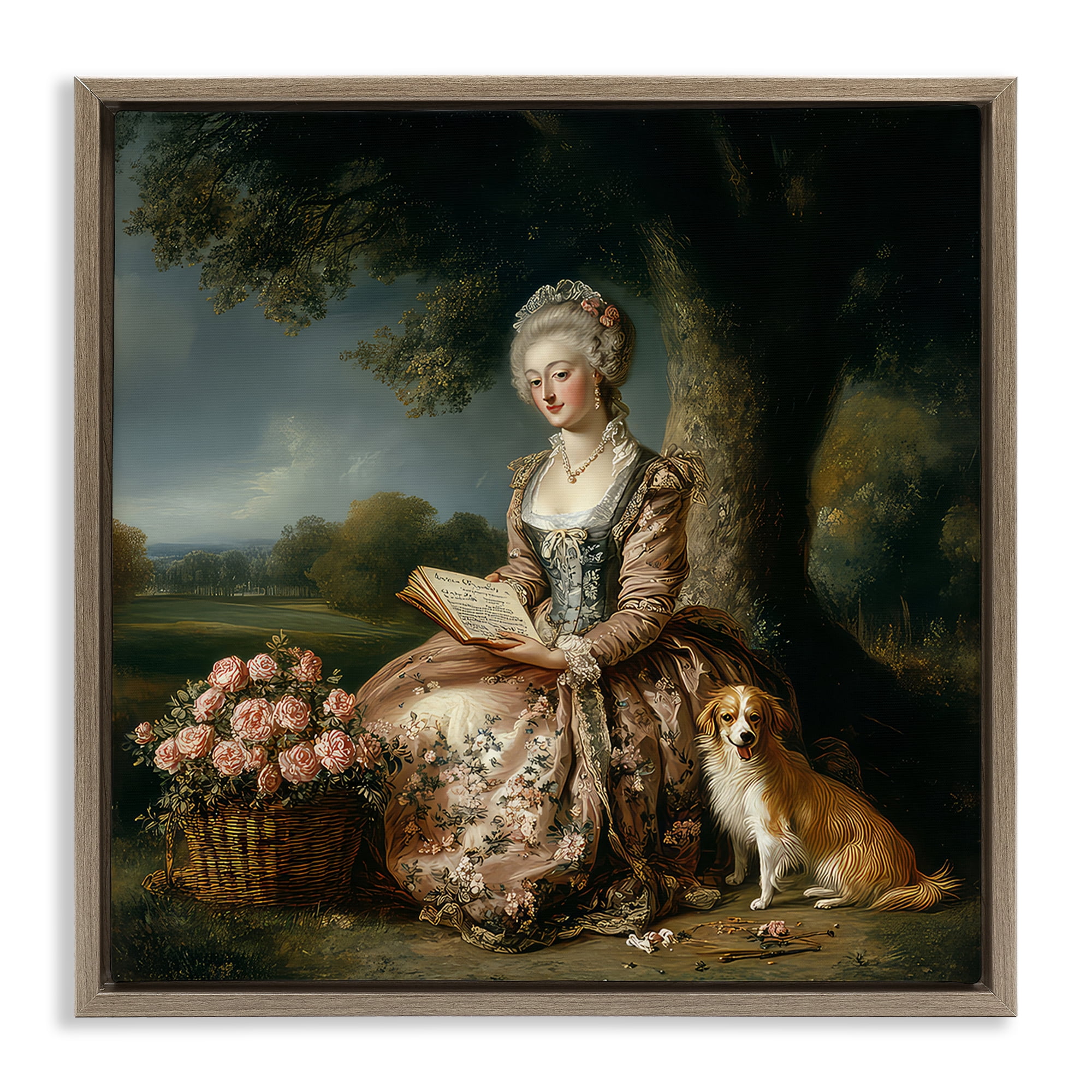 Stupell Industries Rococo Woman with Dog Brown Framed Floater Canvas Wall Art, design by The Wands Want