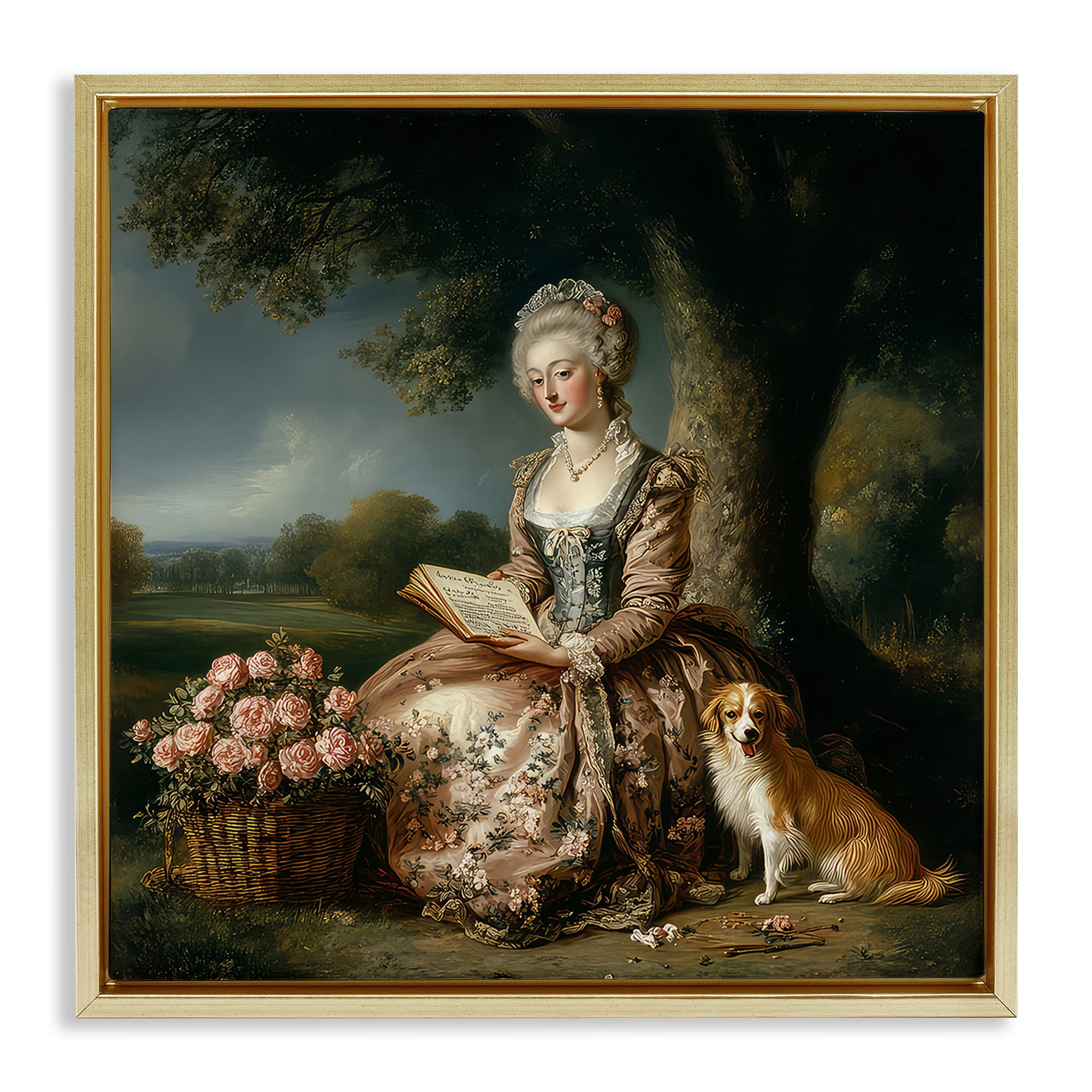 Stupell Industries Rococo Woman with Dog Gold Framed Floater Canvas Wall Art, design by The Wands Want