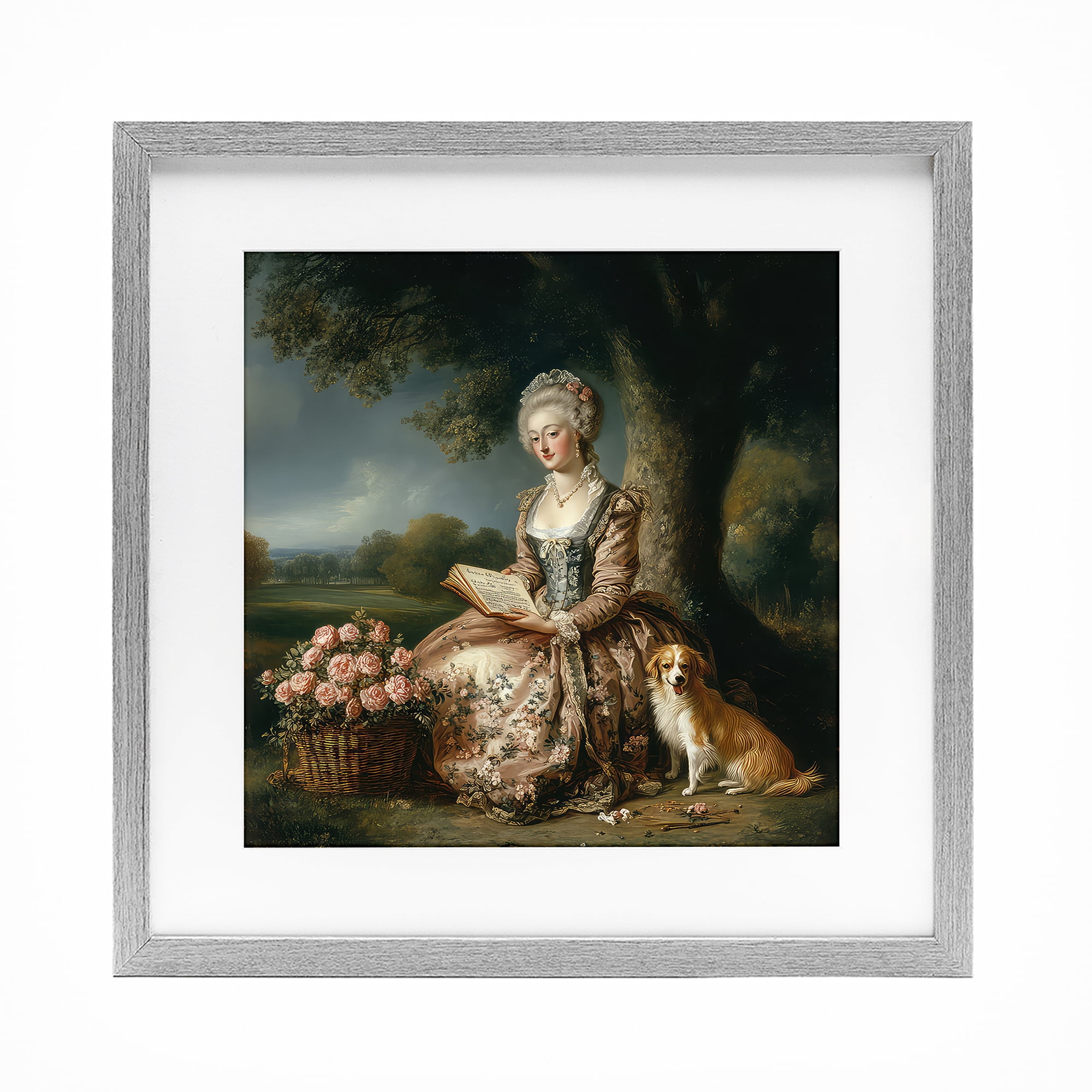 Stupell Industries Rococo Woman with Dog Gray Framed Print Under Glass, design by The Wands Want