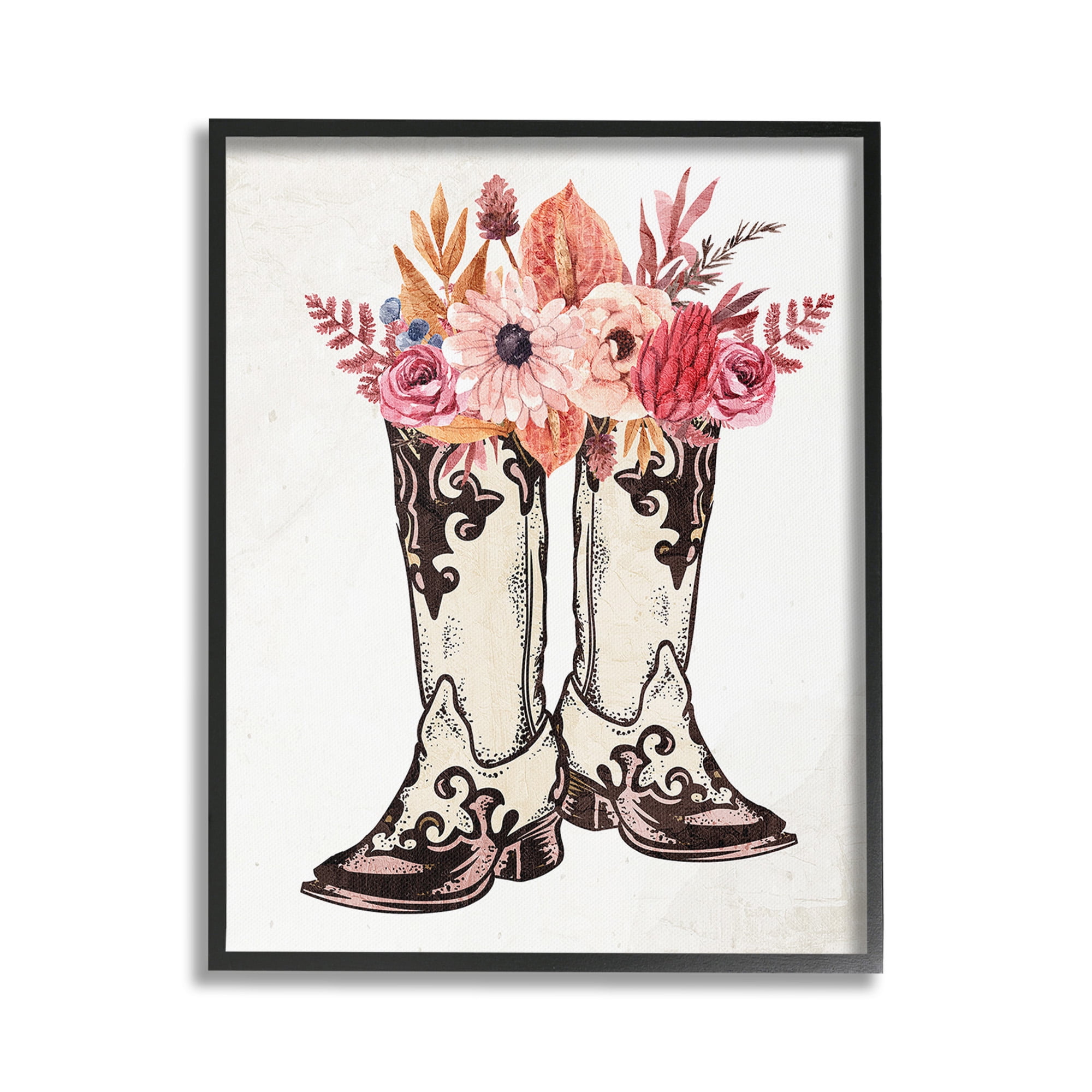 Stupell Industries Rodeo Boot Bouquet Botanical & Floral Painting Black Framed Art Print Wall Art, 16 x 20
