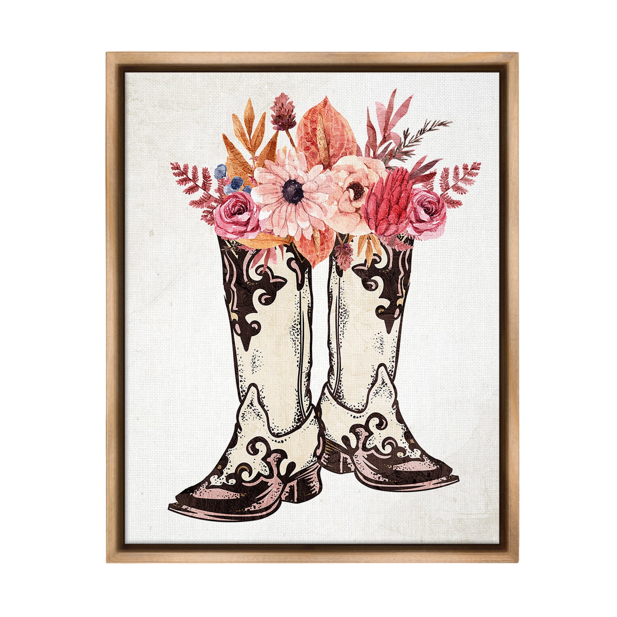 Stupell Industries Rodeo Boot Bouquet Botanical & Floral Painting Brown Floater Framed Canvas Art Print Wall Art, 17 x 21