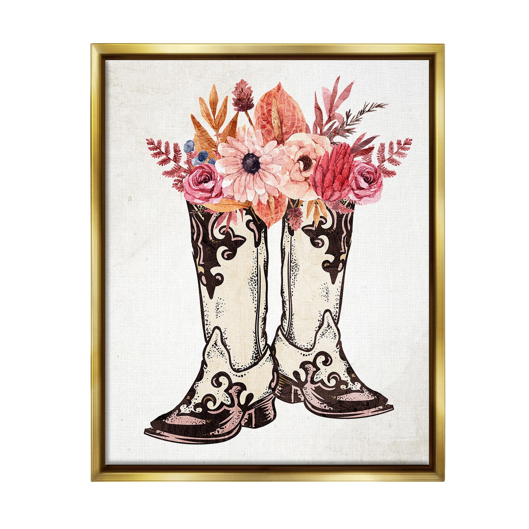 Stupell Industries Rodeo Boot Bouquet Botanical & Floral Painting Gold Floater Framed Canvas Art Print Wall Art, 17 x 21