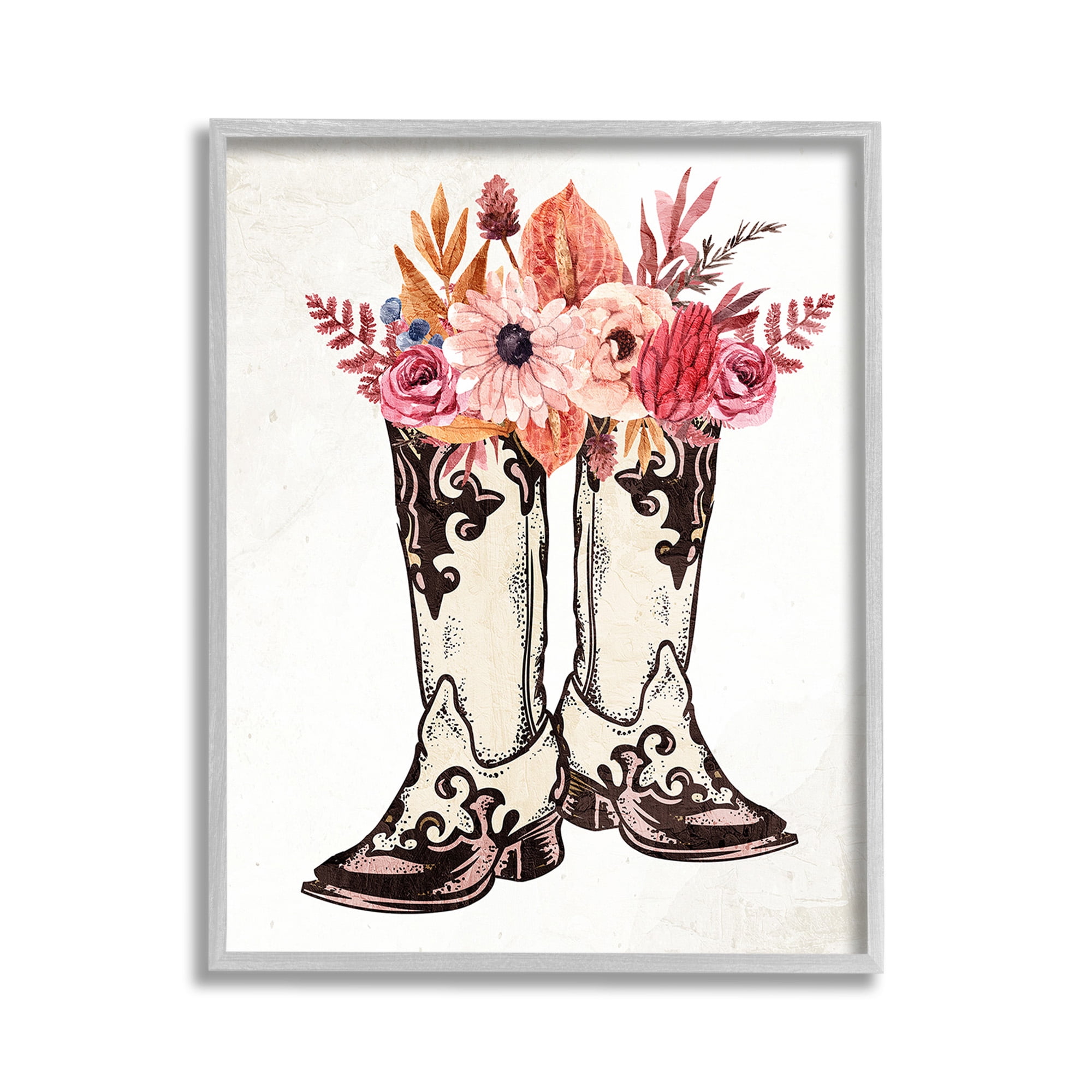 Stupell Industries Rodeo Boot Bouquet Botanical & Floral Painting Gray Framed Art Print Wall Art, 11 x 14