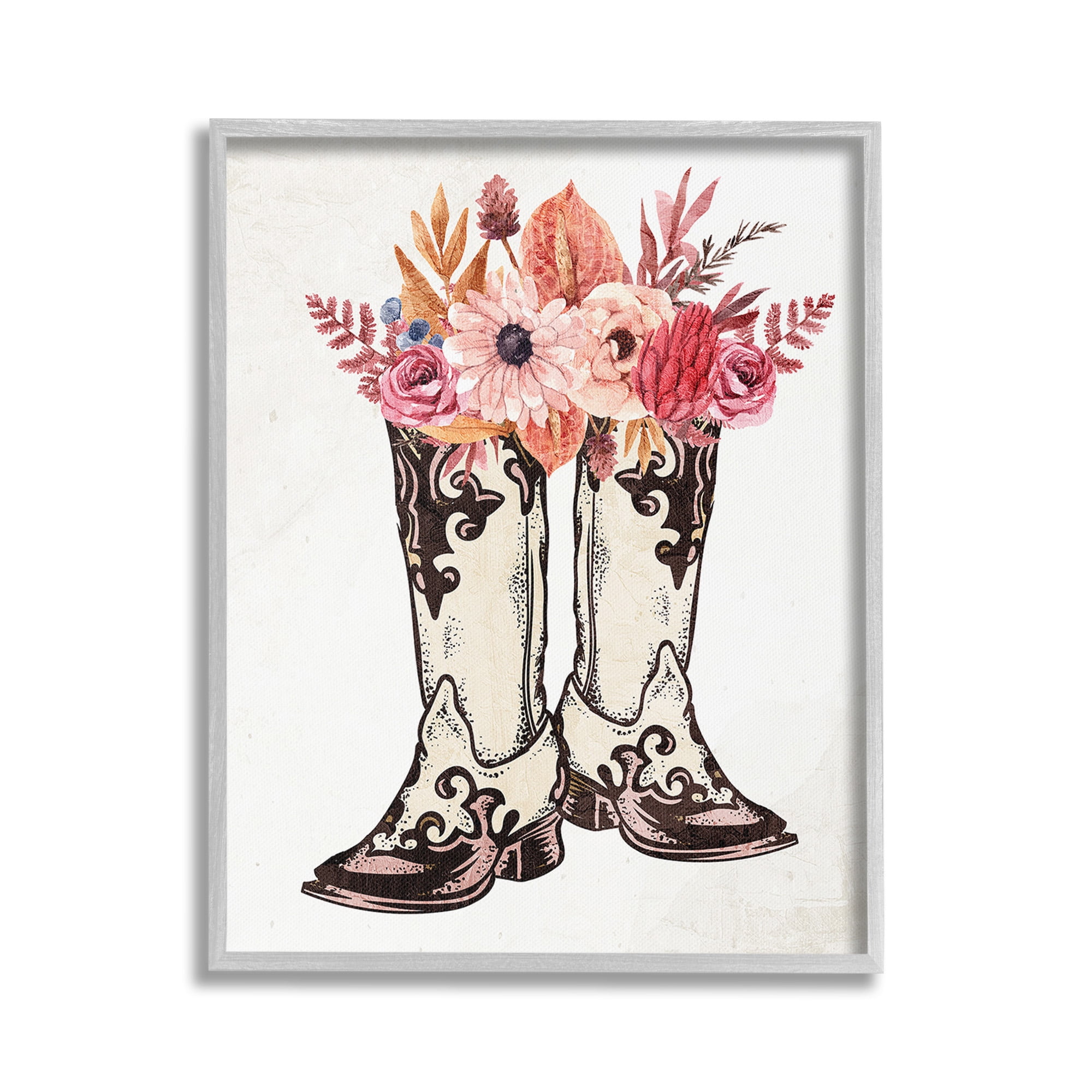 Stupell Industries Rodeo Boot Bouquet Botanical & Floral Painting Gray Framed Art Print Wall Art, 24 x 30