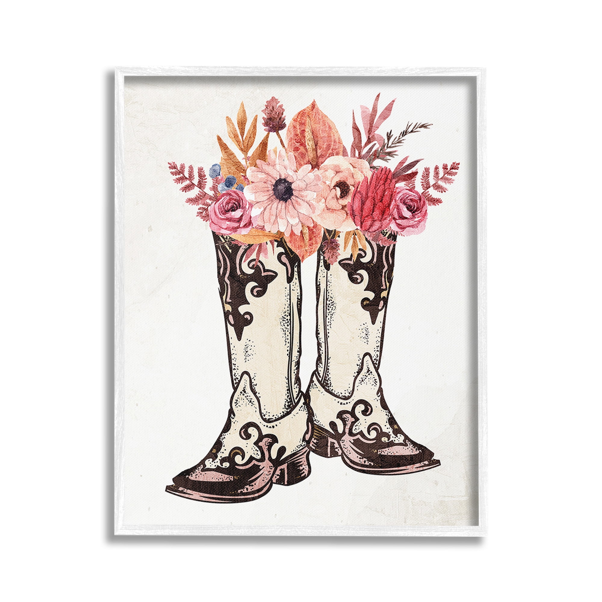 Stupell Industries Rodeo Boot Bouquet Botanical & Floral Painting White Framed Art Print Wall Art, 16 x 20