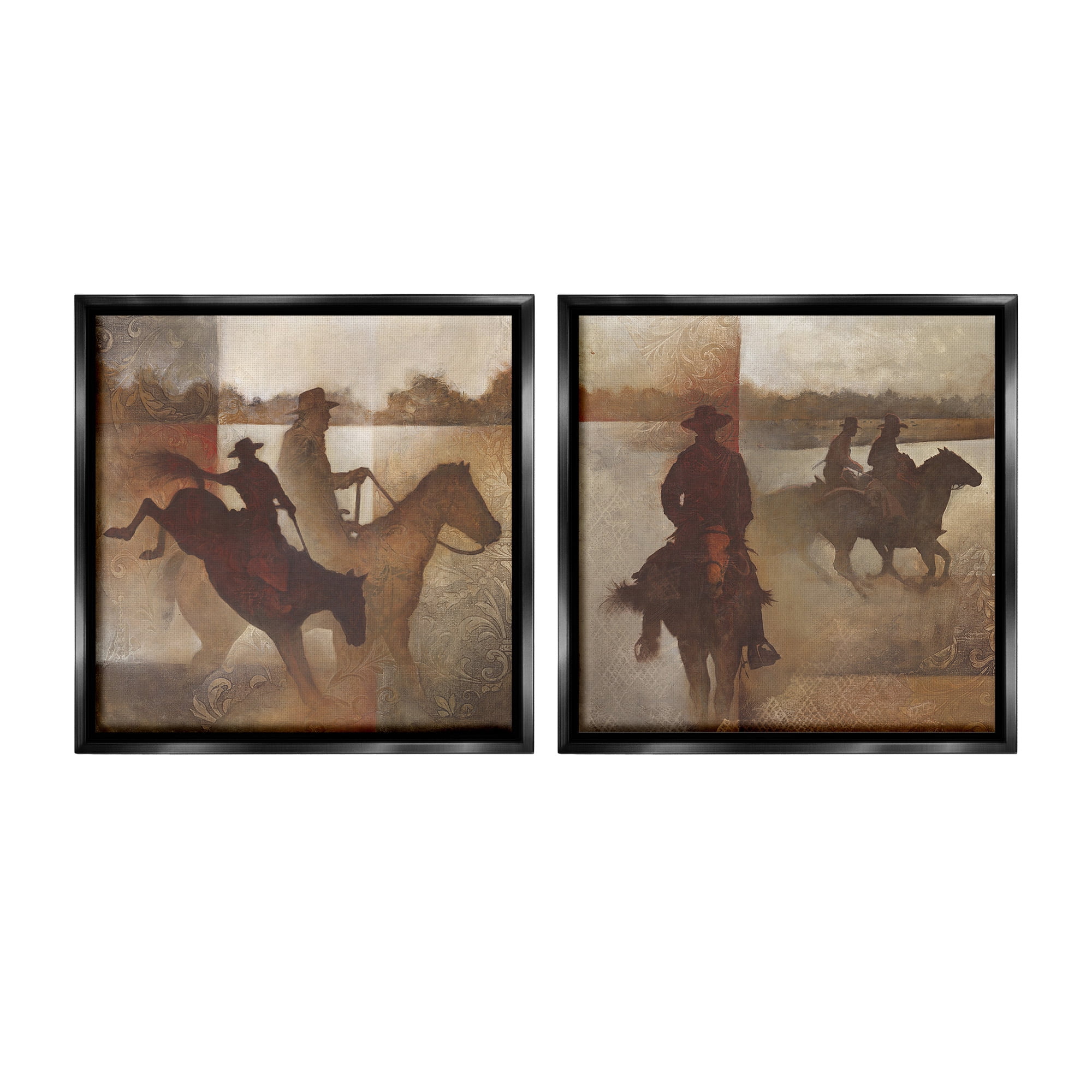 Stupell Industries Rodeo Cowboy Silhouette Animals & Insects Painting Black Floater Framed Canvas Art Print Wall Art, 25 x 25, Set of 2