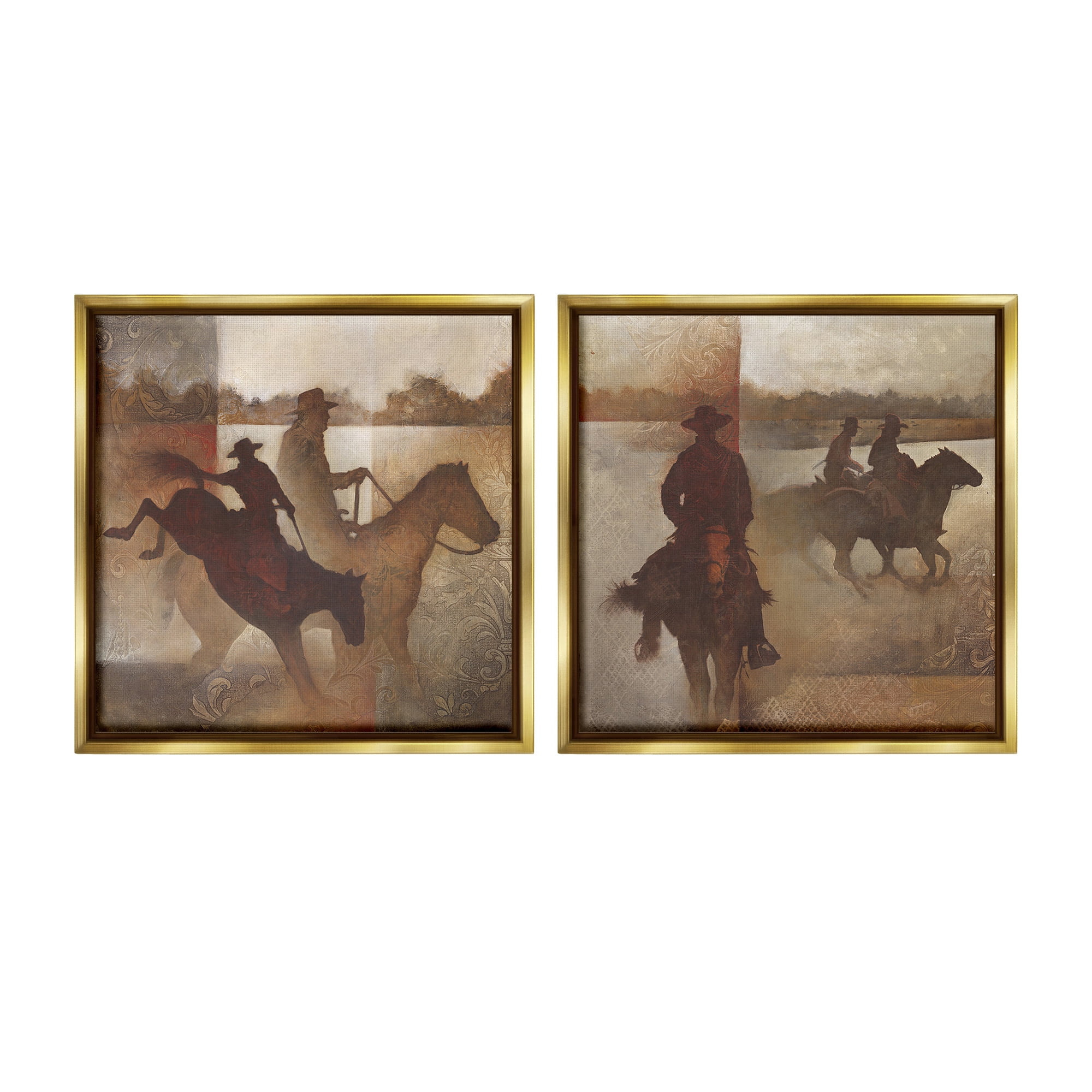 Stupell Industries Rodeo Cowboy Silhouette Animals & Insects Painting Gold Floater Framed Canvas Art Print Wall Art, 18 x 18, Set of 2