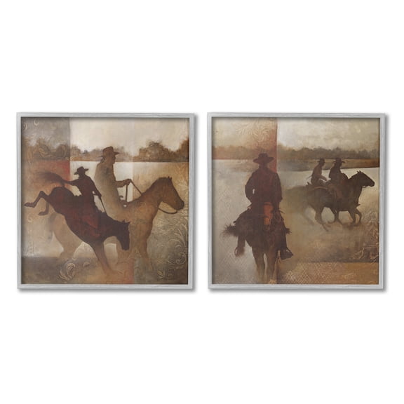 Stupell Industries Rodeo Cowboy Silhouette Animals & Insects Painting Gray Framed Art Print Wall Art, 12 x 12, Set of 2