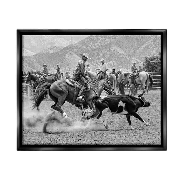 Stupell Industries Rodeo Cowboys with Cattle Animals & Insects Painting Black Floater Framed Canvas Art Print Wall Art, 21 x 17