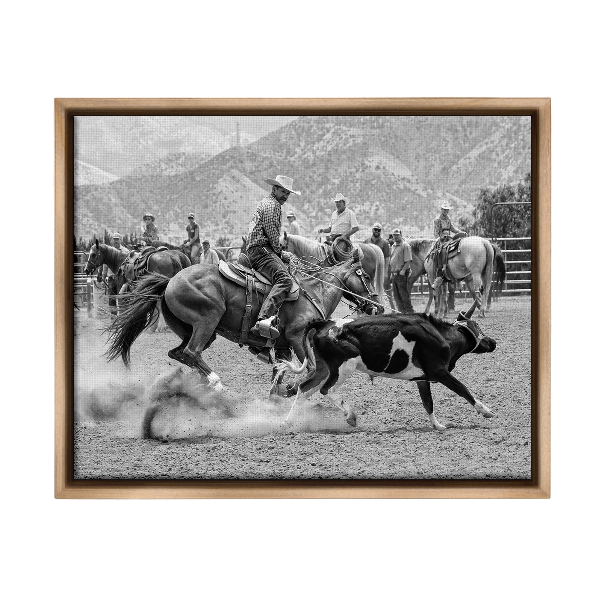 Stupell Industries Rodeo Cowboys with Cattle Animals & Insects Painting Brown Floater Framed Canvas Art Print Wall Art, 21 x 17
