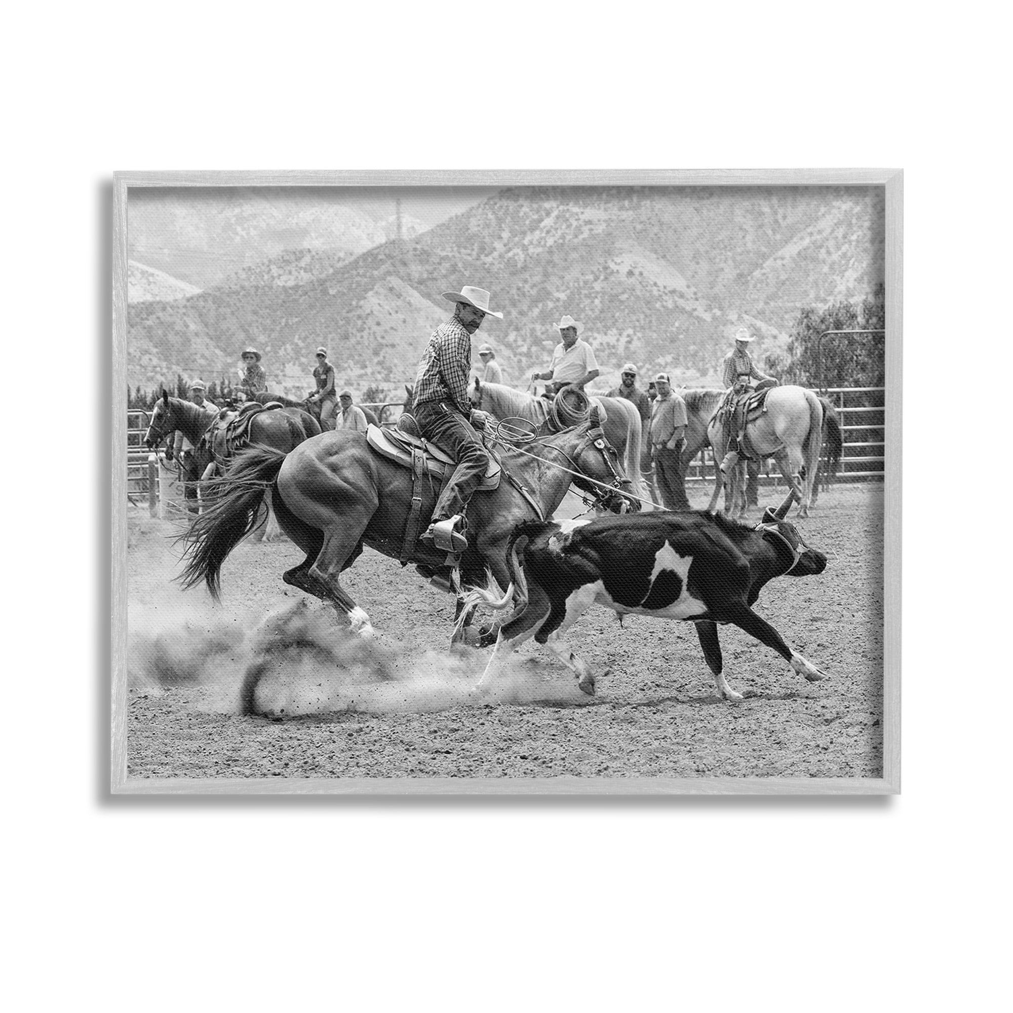 Stupell Industries Rodeo Cowboys with Cattle Animals & Insects Painting Gray Framed Art Print Wall Art, 14 x 11