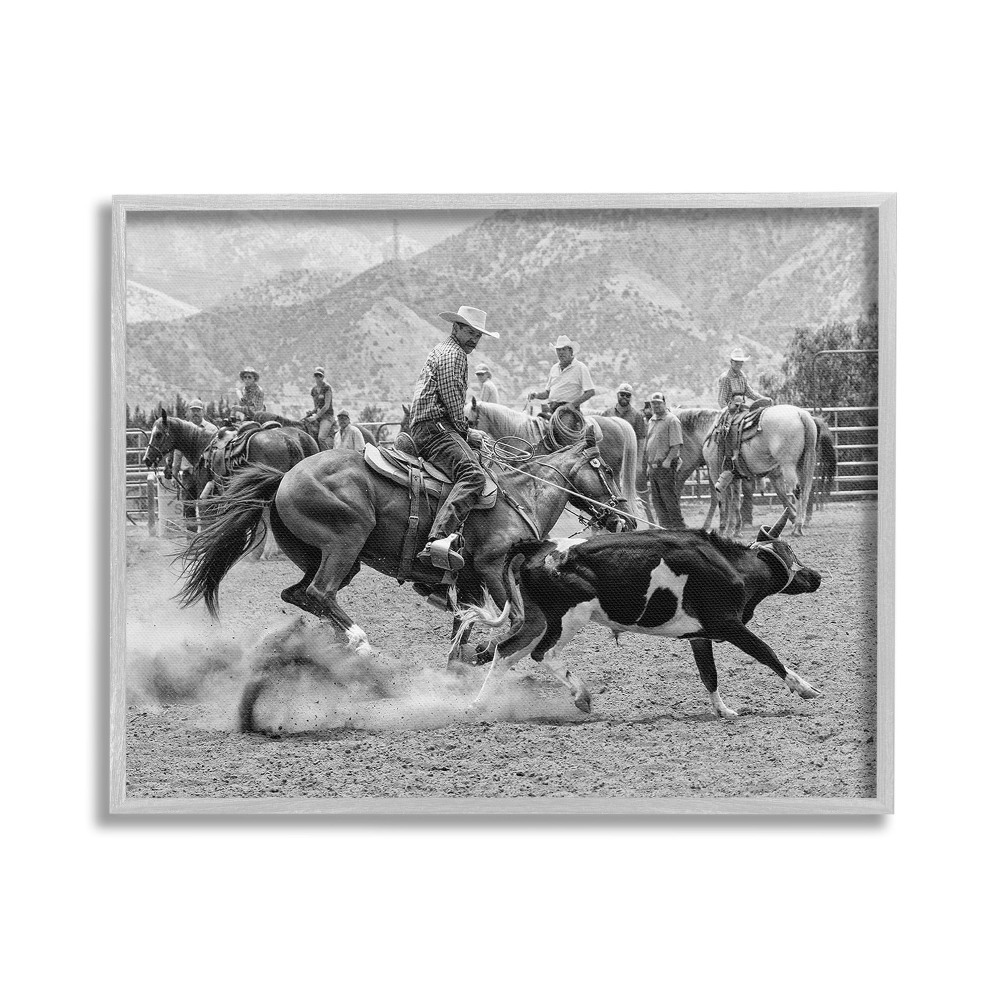 Stupell Industries Rodeo Cowboys with Cattle Animals & Insects Painting Gray Framed Art Print Wall Art, 30 x 24