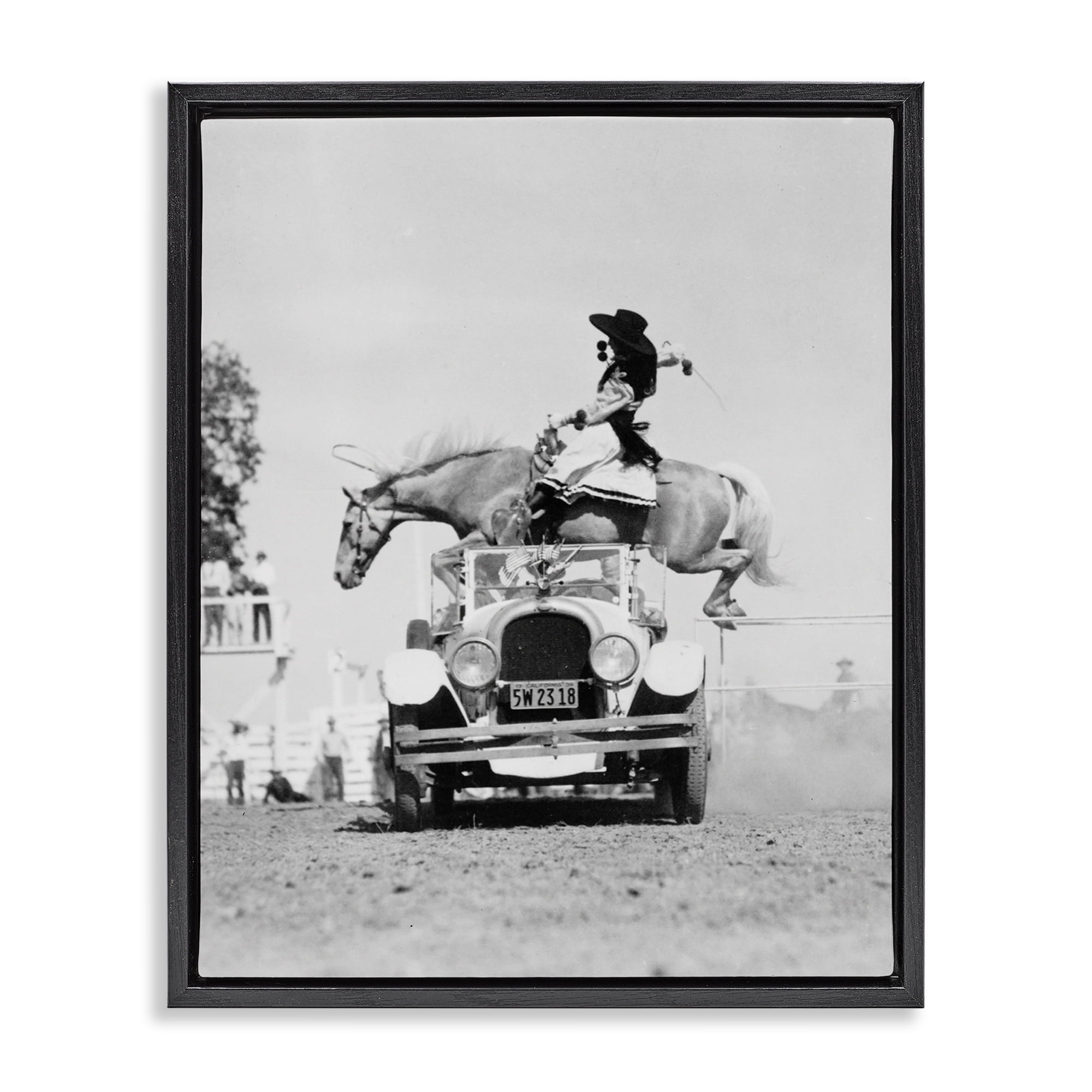 Stupell Industries Rodeo Girl Jumping Horse Animals Photography Black Floater Framed Canvas Art Print Wall Art, 17 x 21