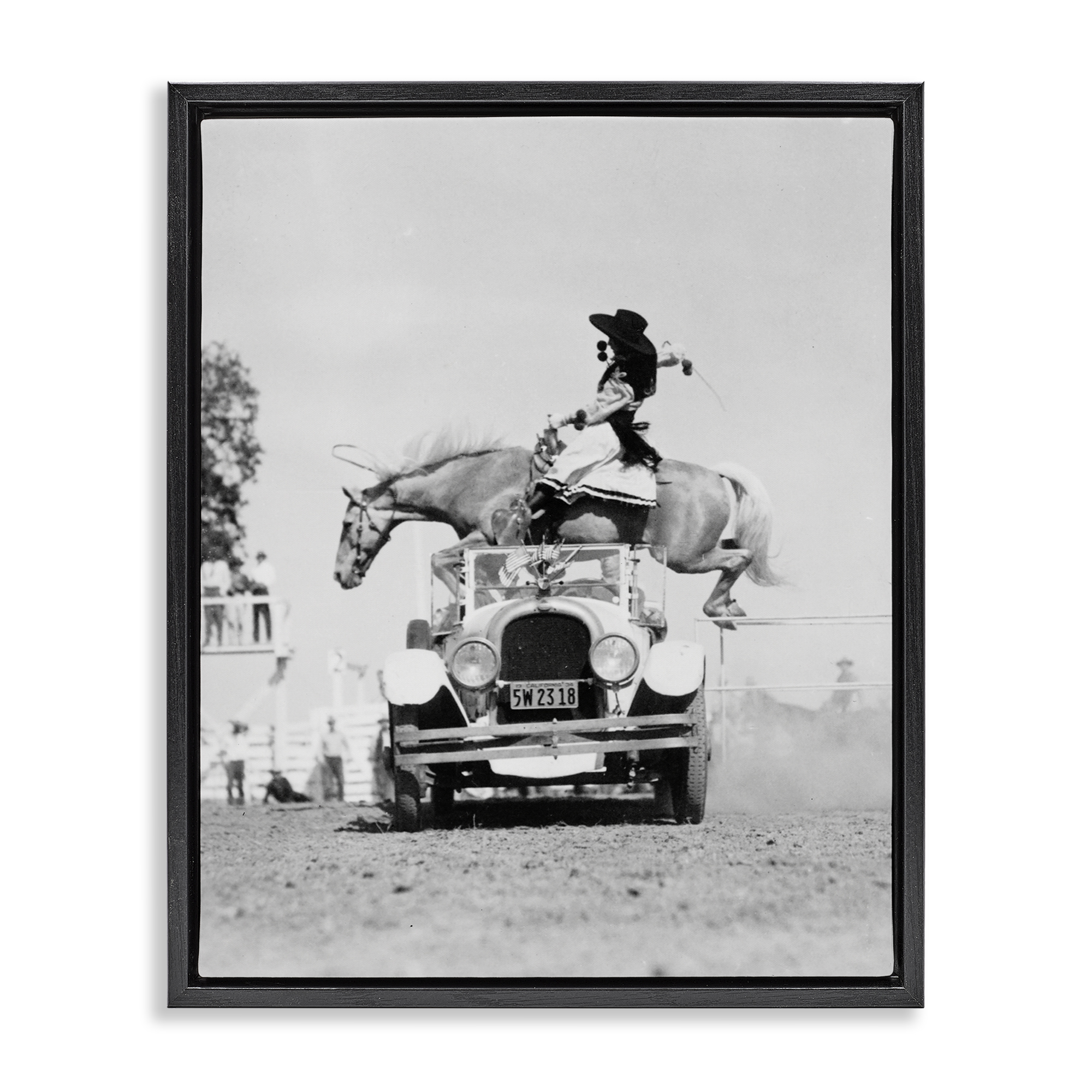 Stupell Industries Rodeo Girl Jumping Horse Animals Photography Black Floater Framed Canvas Art Print Wall Art, 25 x 31