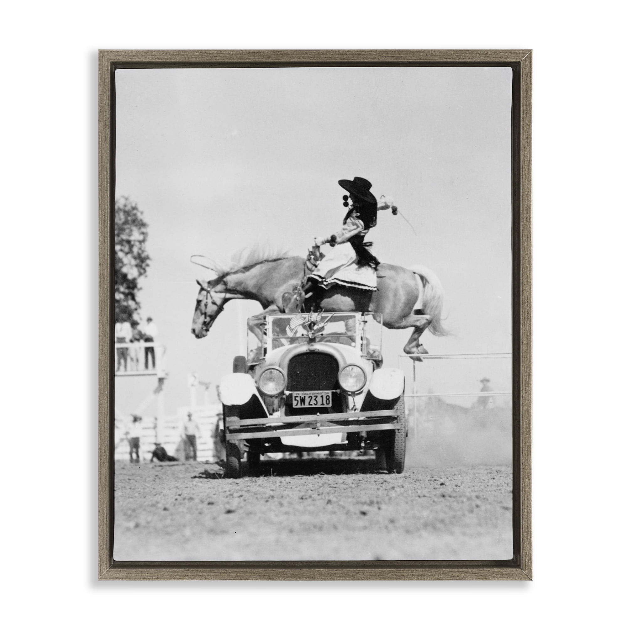 Stupell Industries Rodeo Girl Jumping Horse Animals Photography Brown Floater Framed Canvas Art Print Wall Art, 17 x 21