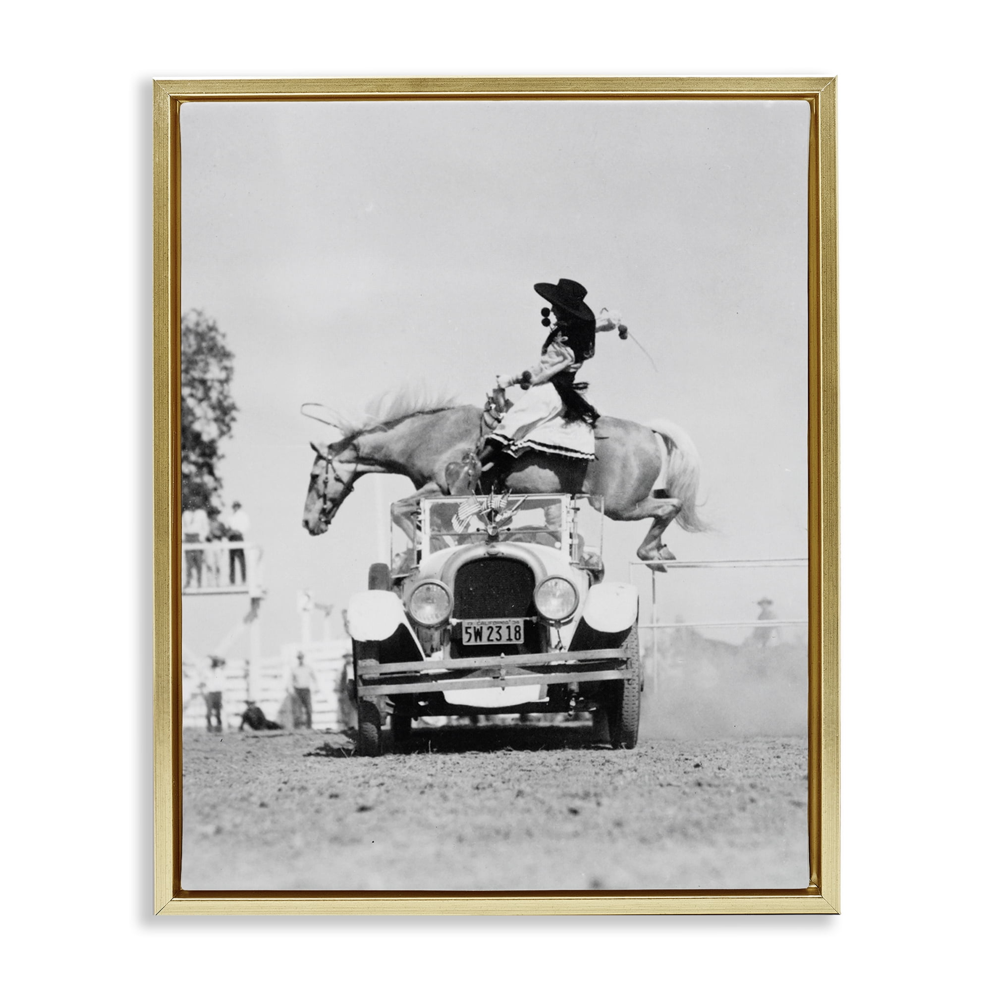 Stupell Industries Rodeo Girl Jumping Horse Animals Photography Gold Floater Framed Canvas Art Print Wall Art, 17 x 21