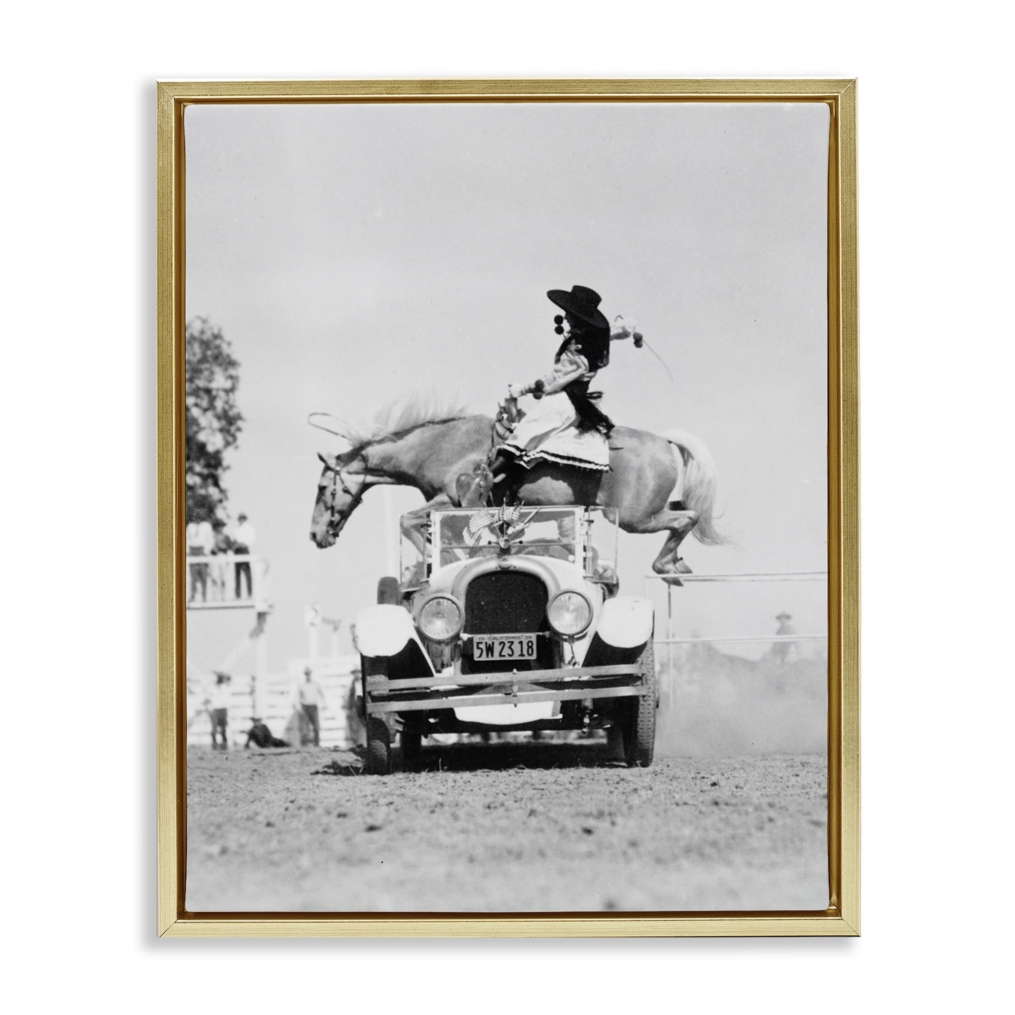 Stupell Industries Rodeo Girl Jumping Horse Animals Photography Gold Floater Framed Canvas Art Print Wall Art, 25 x 31