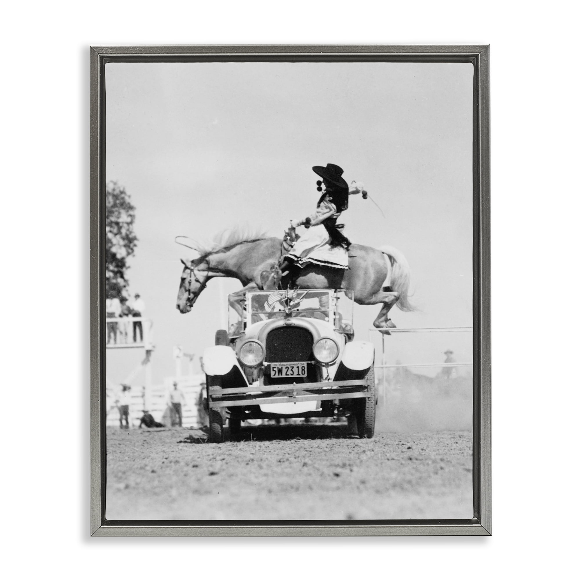 Stupell Industries Rodeo Girl Jumping Horse Animals Photography Gray Floater Framed Canvas Art Print Wall Art, 25 x 31