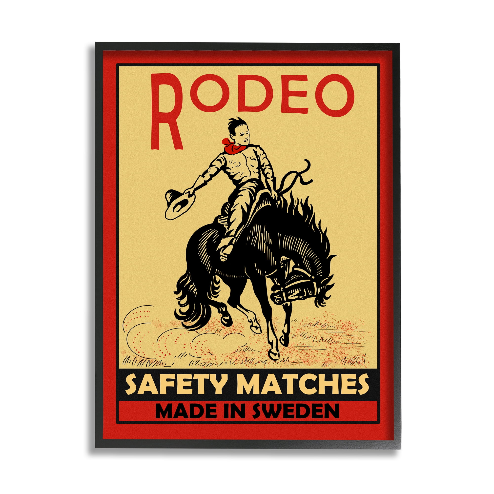 Stupell Industries Rodeo Safety Matches Cowboy Bucking Bronco Red Yellow Graphic Art Black Framed Art Print Wall Art, 11x14, by Mark Rogan