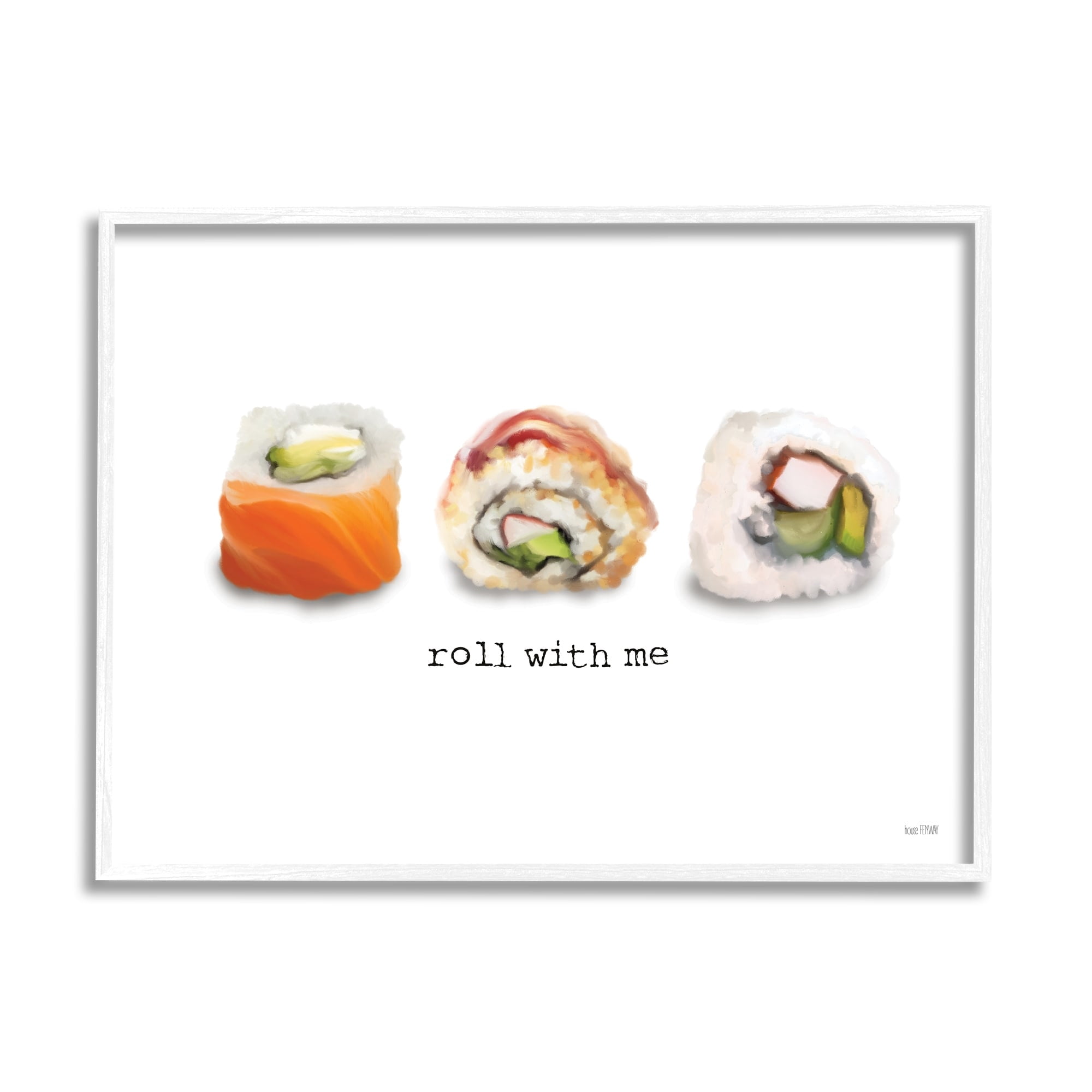 Stupell Industries Roll With Me Funny Phrase Maki Sushi Pun Paintings White Framed Art Print Wall Art, 14x11, by House Fenway