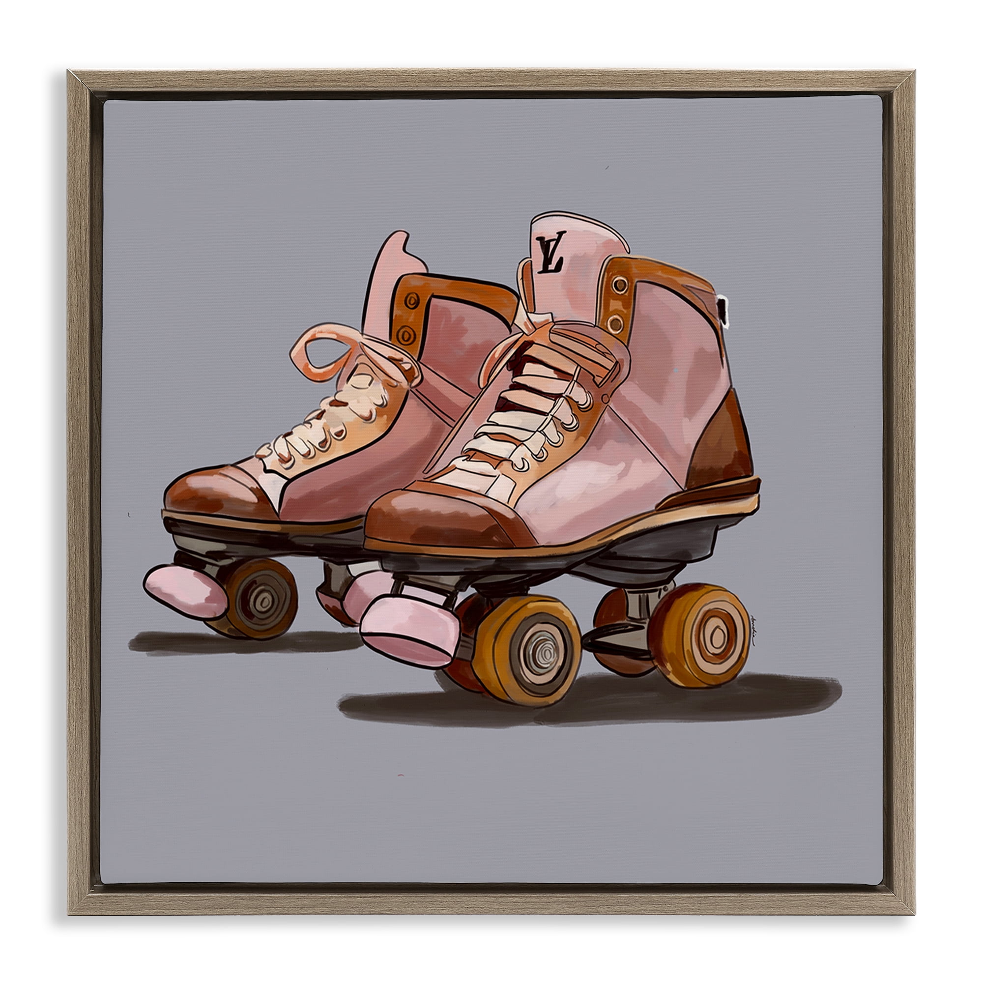 Stupell Industries Roller Skates on Grey Sports Painting Brown Floater Framed Art Print Wall Art, 18 x 18