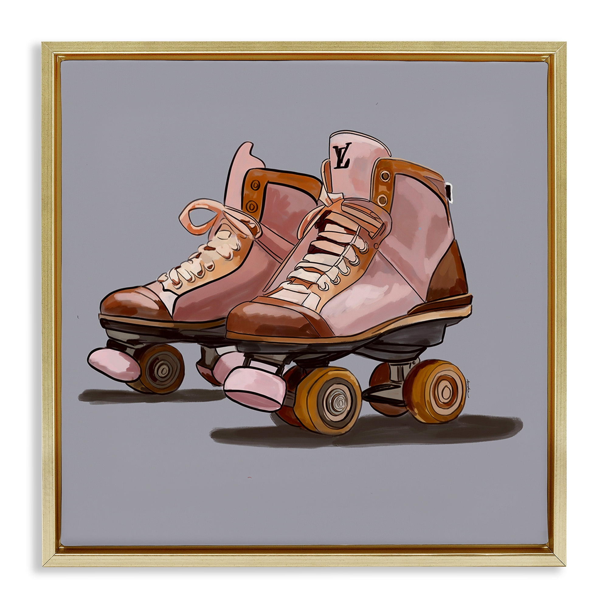 Stupell Industries Roller Skates on Grey Sports Painting Gold Floater Framed Art Print Wall Art, 18 x 18