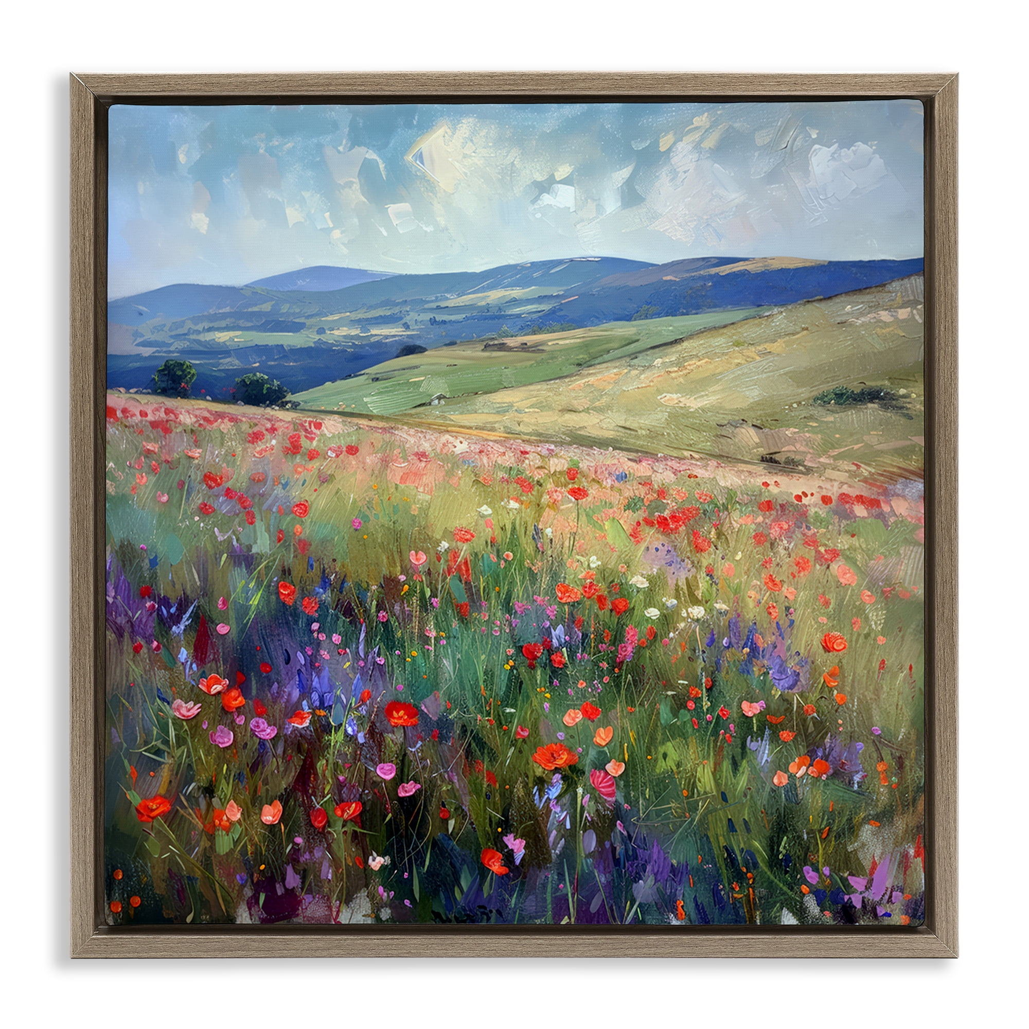 Stupell Industries Rolling Meadow Flowers Landscape & Nature Painting Brown Floater Framed Canvas Art Print Wall Art, 25 x 25