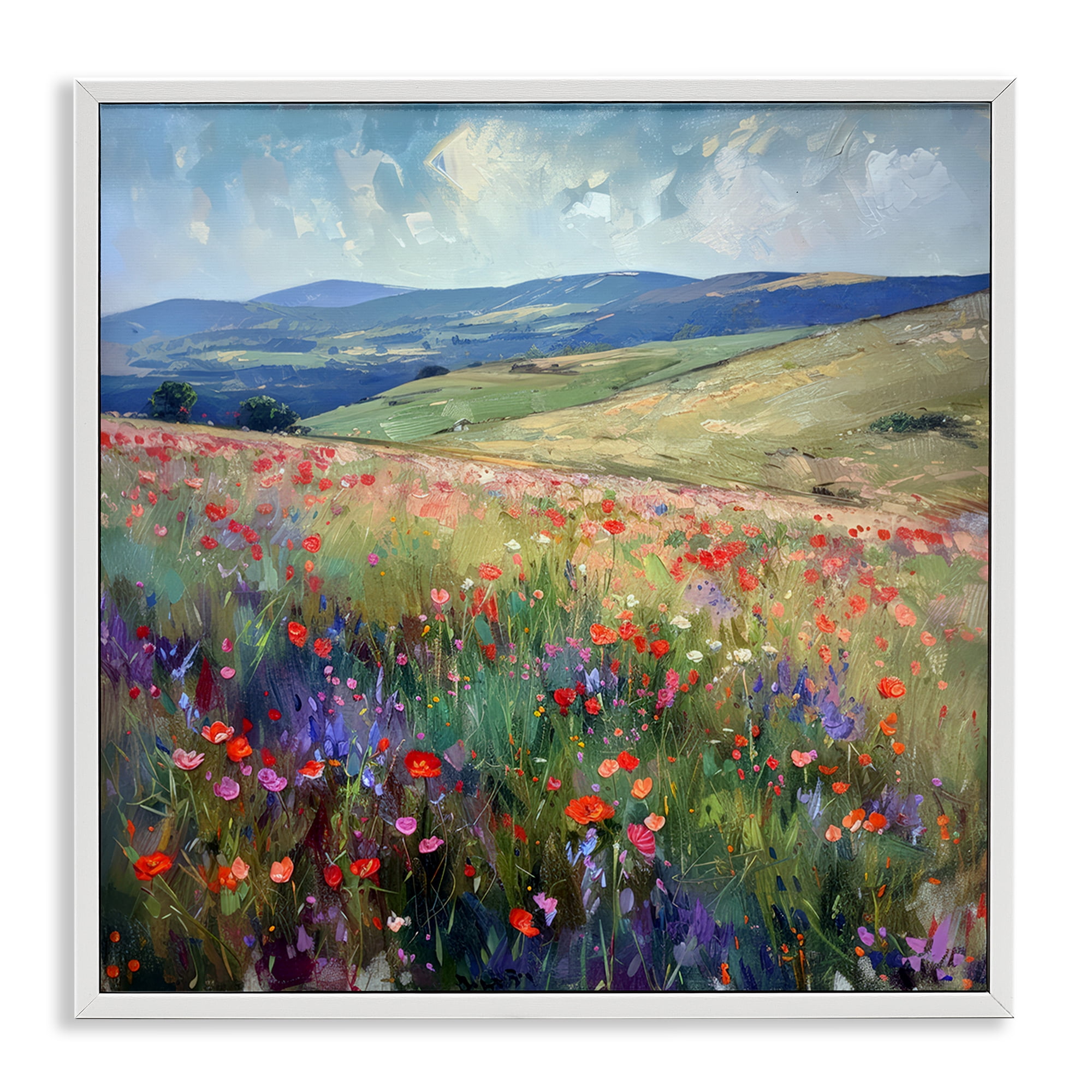 Stupell Industries Rolling Meadow Flowers Landscape & Nature Painting White Framed Art Print Wall Art, 17 x 17