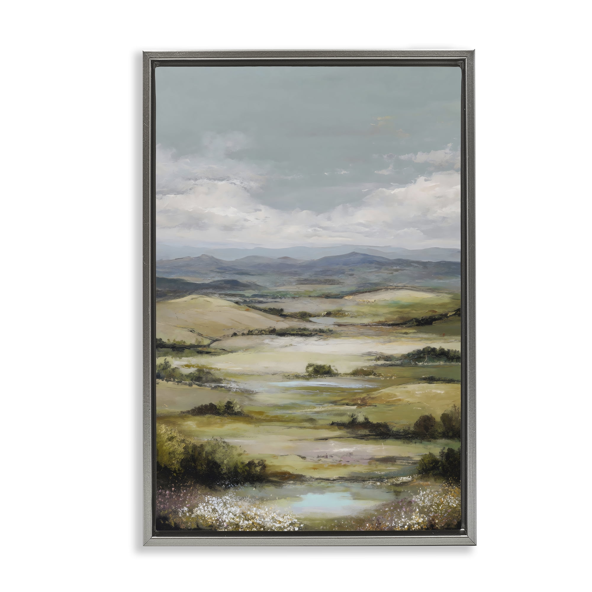 Stupell Industries Rolling Mountain Meadows Gray Framed Floater Canvas Wall Art, design by Petal Prints Design