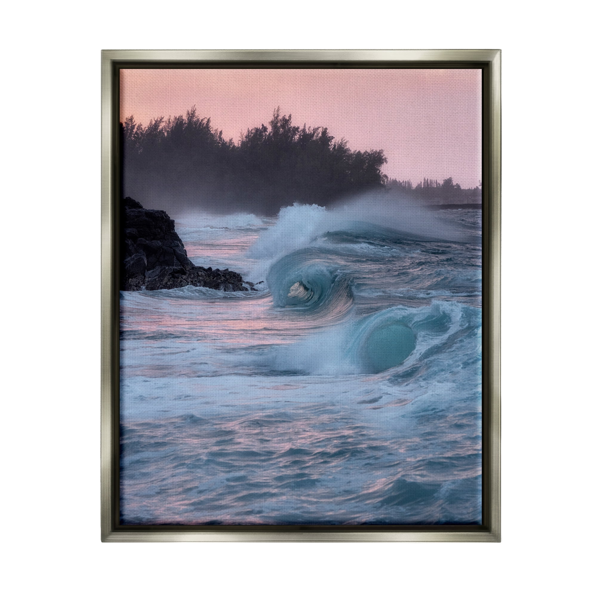 Stupell Industries Rolling Sea Waves Pink Sky Coastal Photography Gray Floater Framed Art Print Wall Art